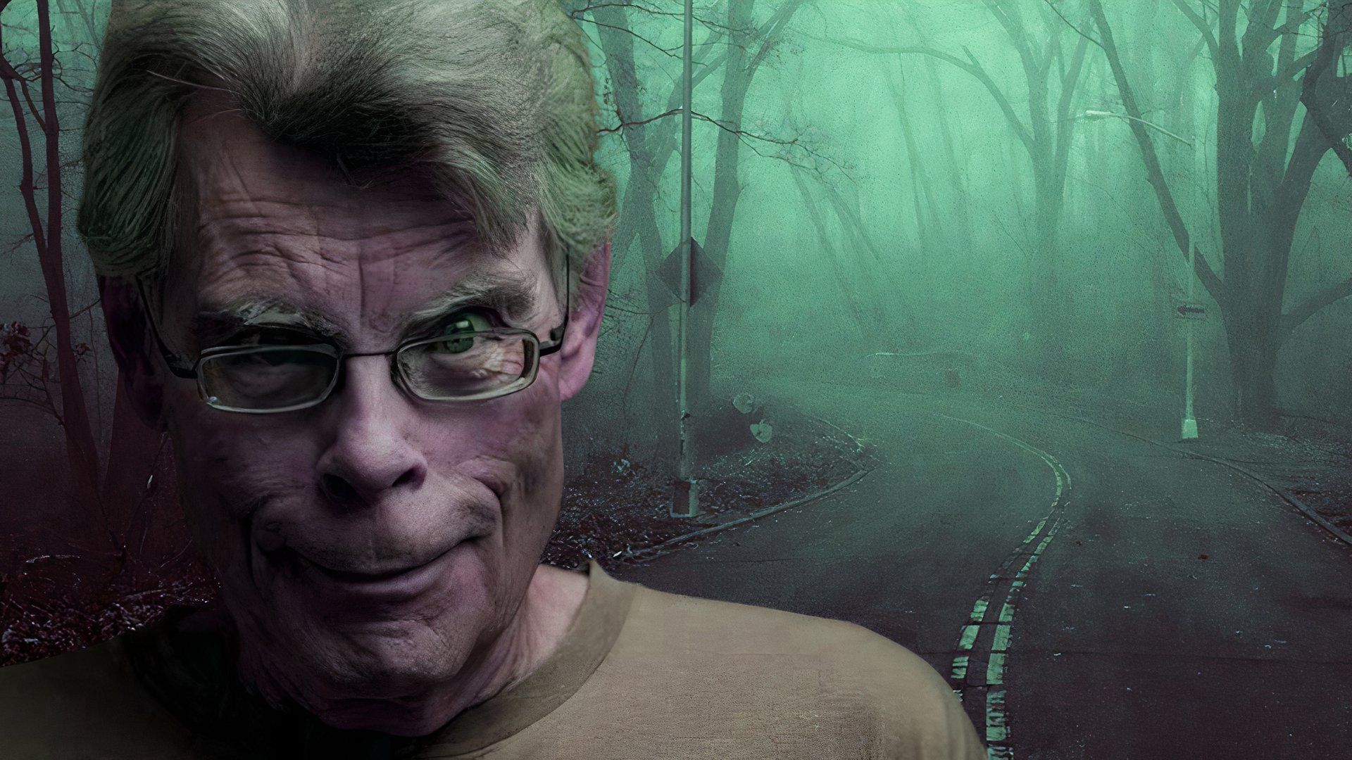 An image of Stephen King over a spooky road lined with trees.