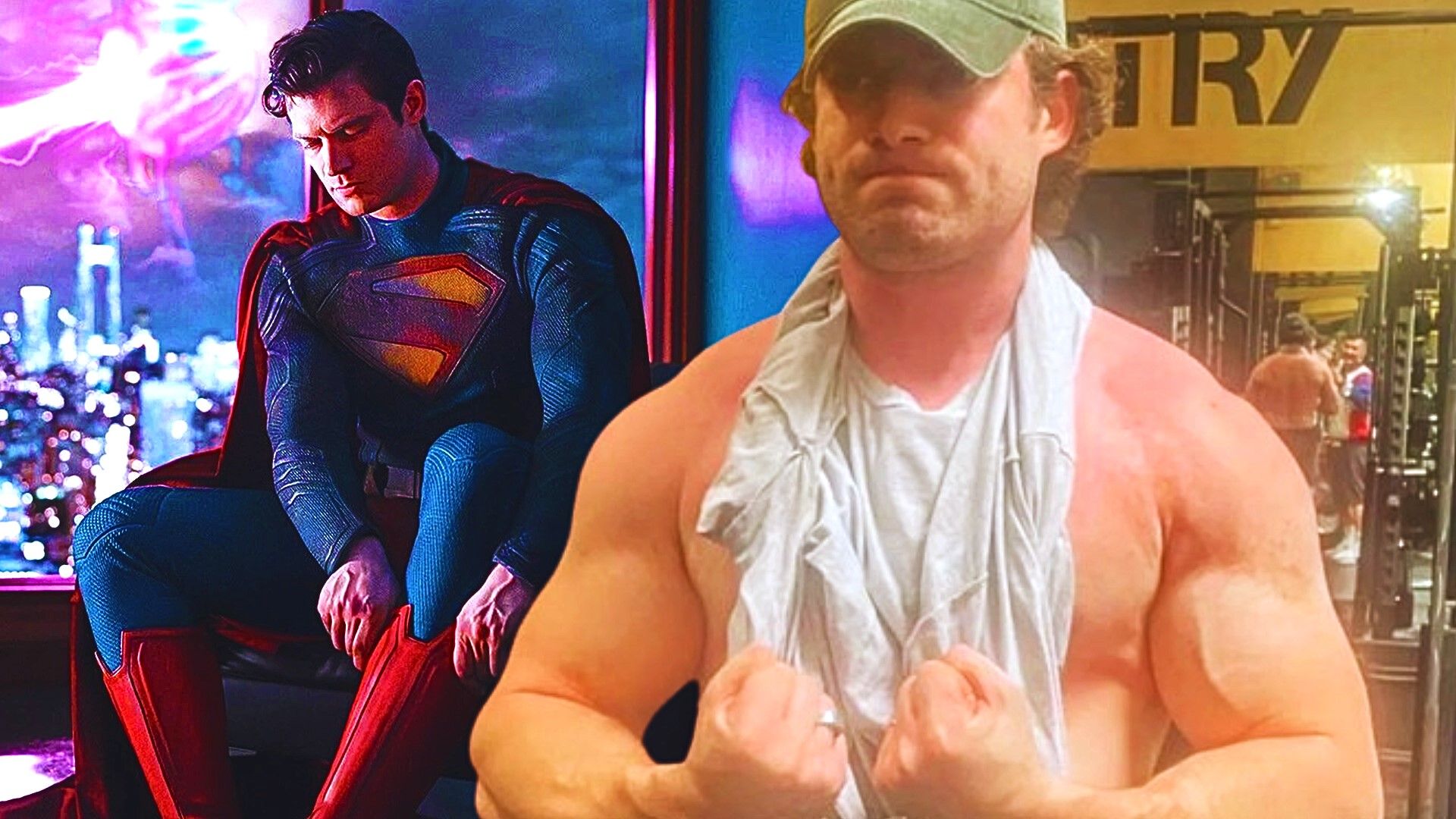 David Corenswet as Superman and in the gym.