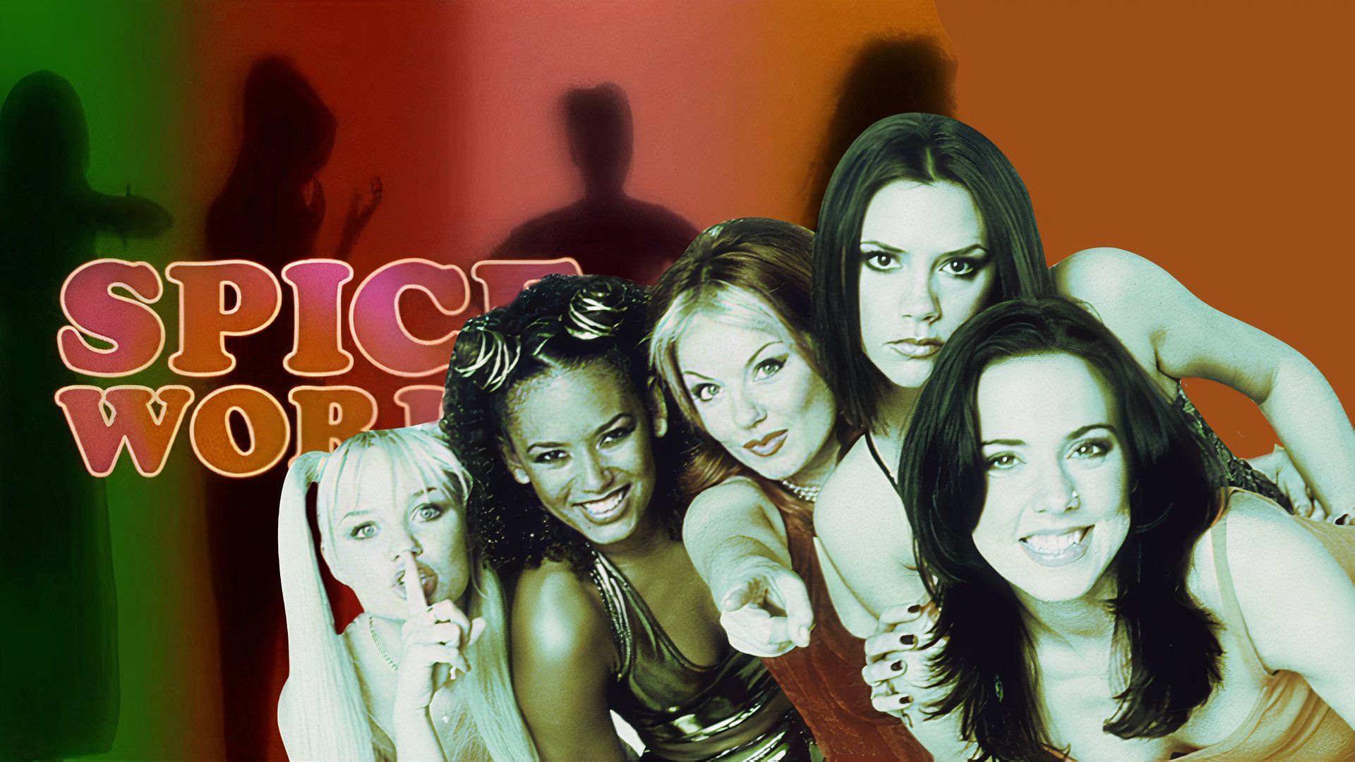 An edited image of Victoria Beckham, Mel B, Melanie C, Geri Halliwell, and Emma Bunton in Spice World