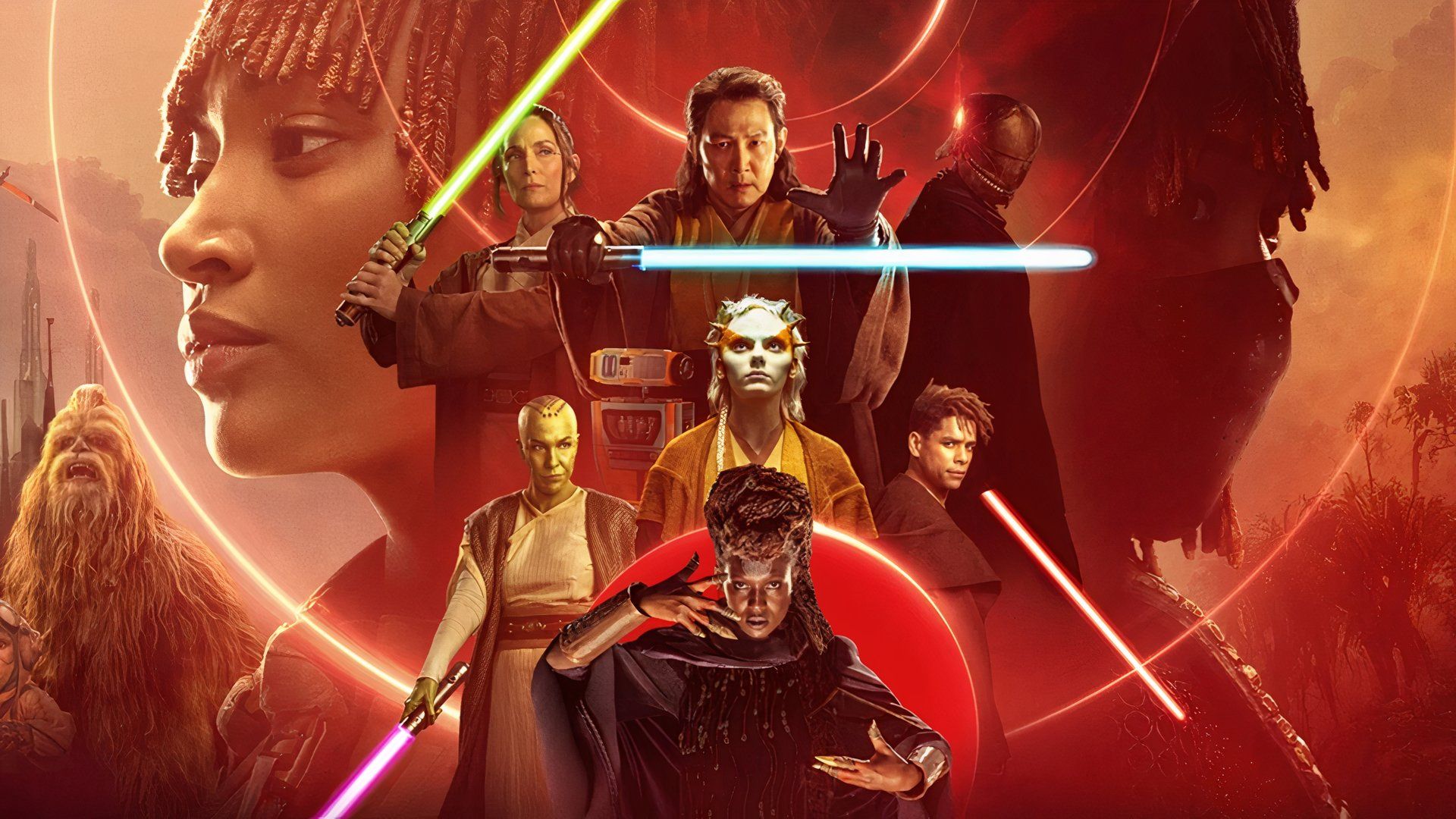 The Acolyte main cast wielding lightsabers of various colors and wearing both jedi and sith robes
