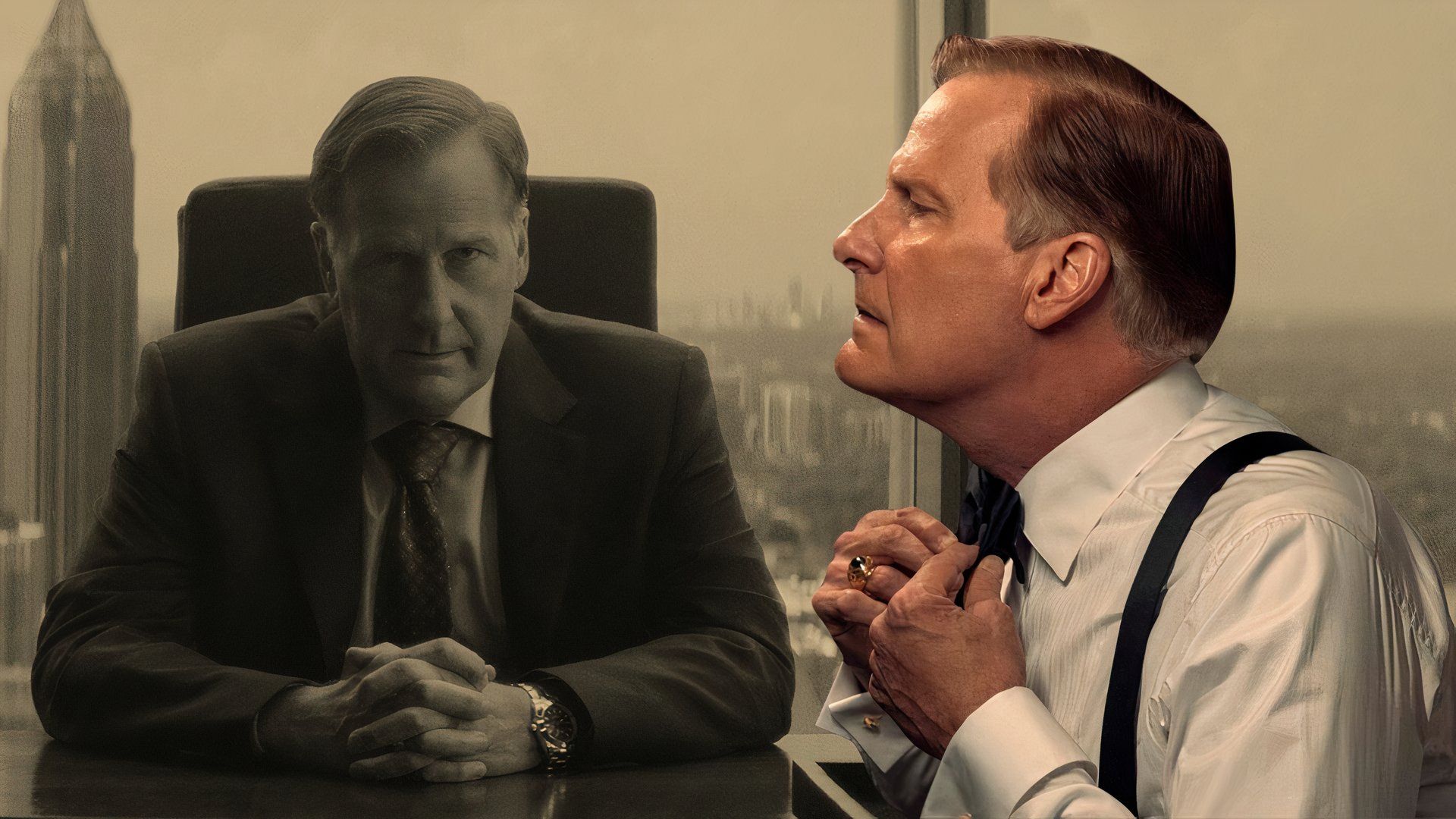An edited image of Jeff Daniels as Charlie Croker fixing his tie and sitting at a desk in A Man in Full