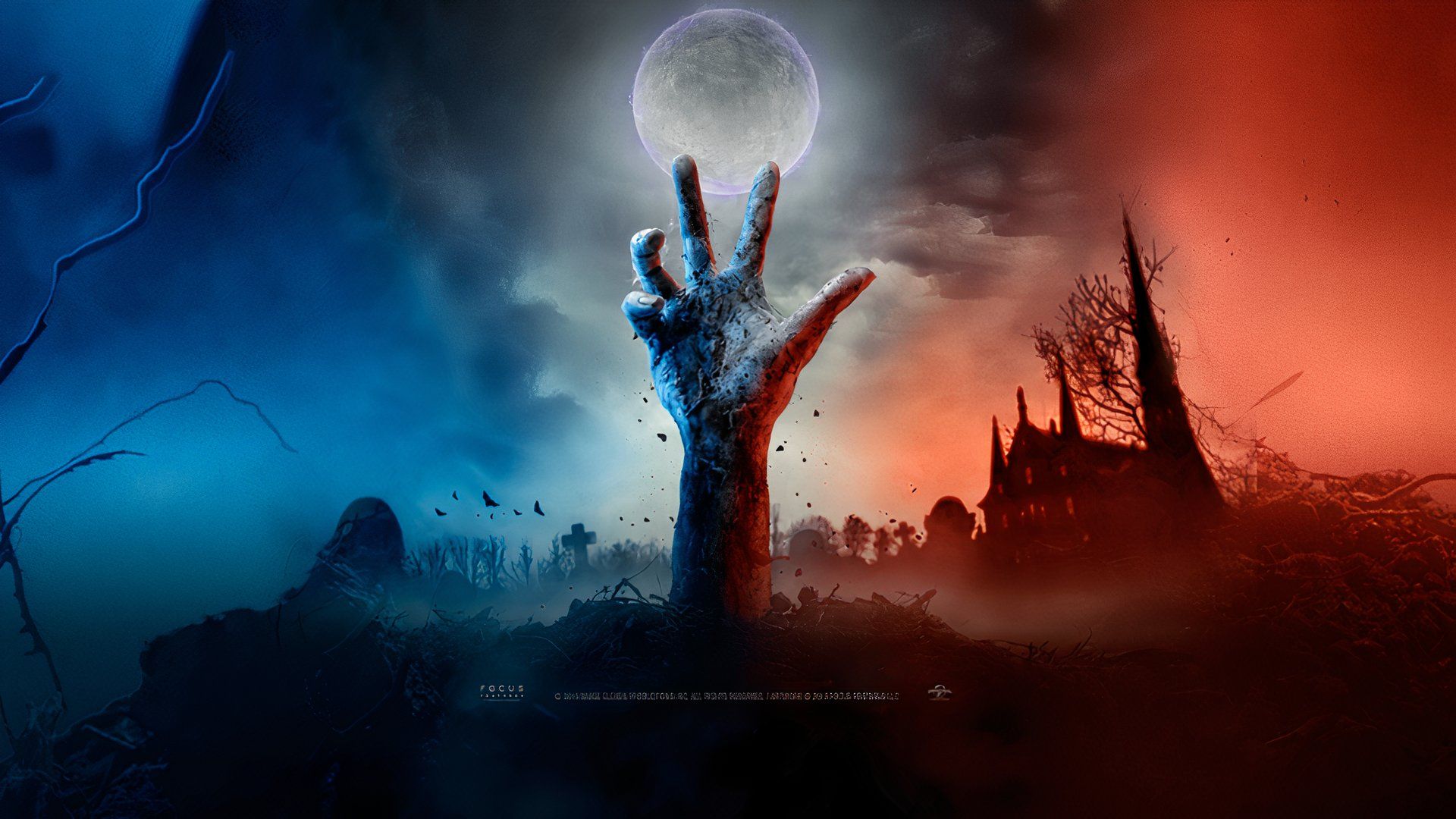 The Dead Don't Die movie with a zombie hand emerging from the dirt cemetery