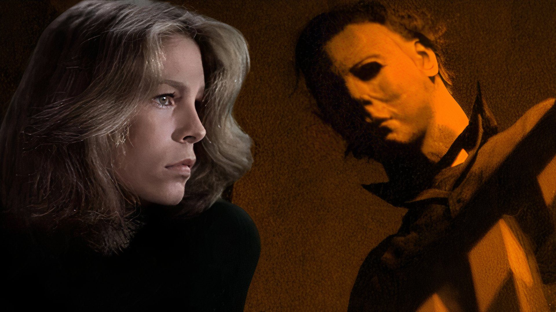 An edited image of Michael Myers wearing his iconic white mask with Jamie Lee Curtis as Laurie in Halloween