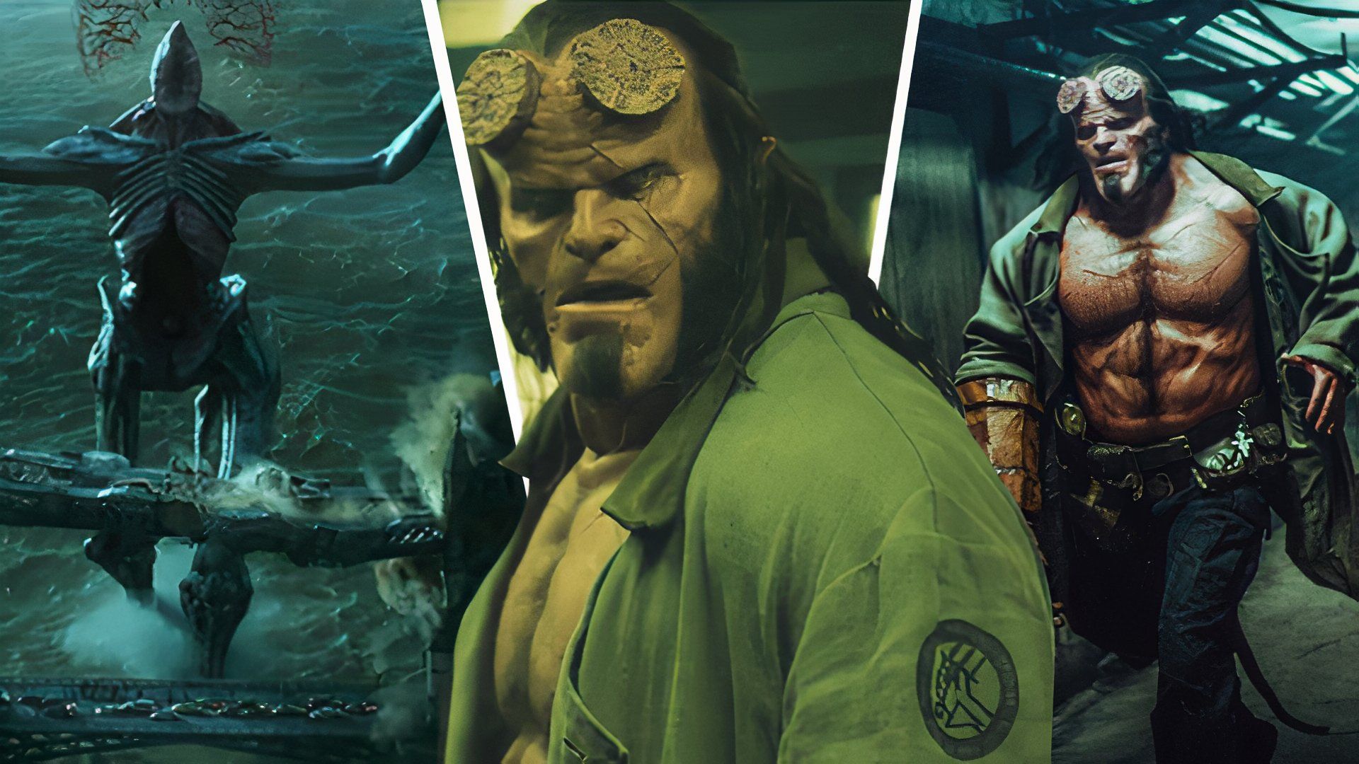 An edited image of David Harbour as Hellboy wearing his green jacket with a giant monster attacking a bridge in Hellboy