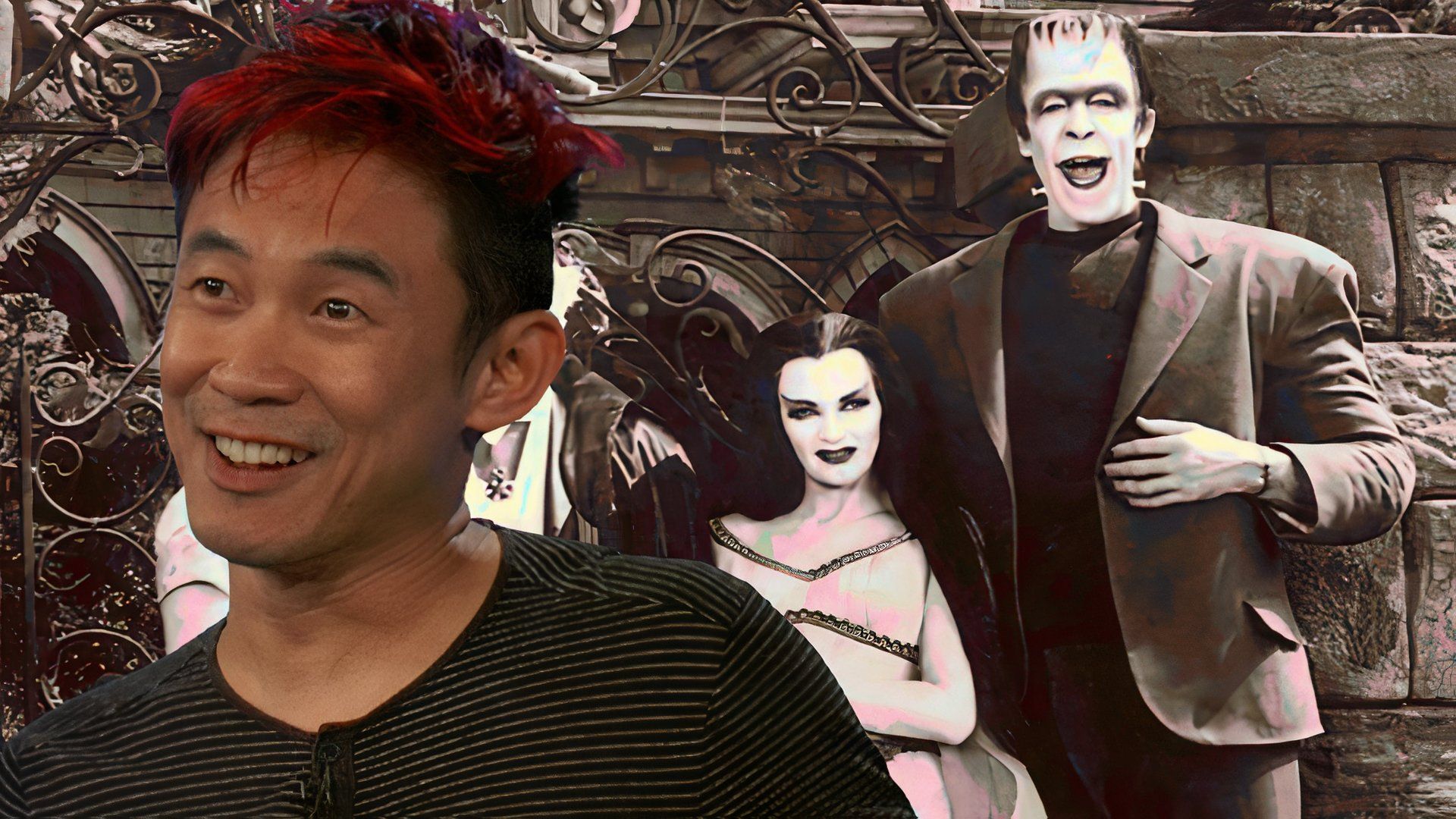 James Wan over an image of the original cast of The Munsters