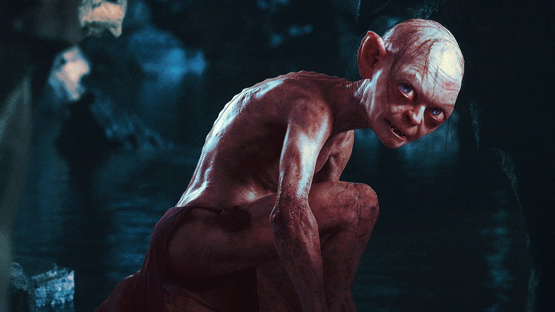An edited image of Gollum in a cave looking behind him in The Lord of the Rings
