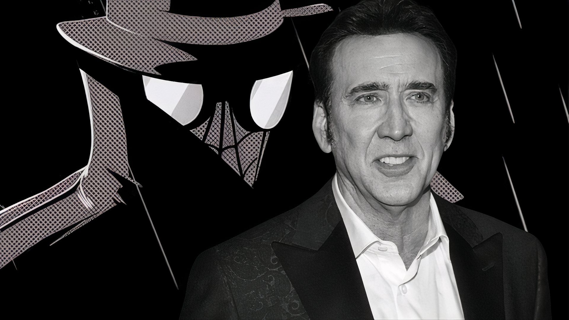 An edited image of Nicolas Cage and Spider-Man Noir from Into the Spider-Verse