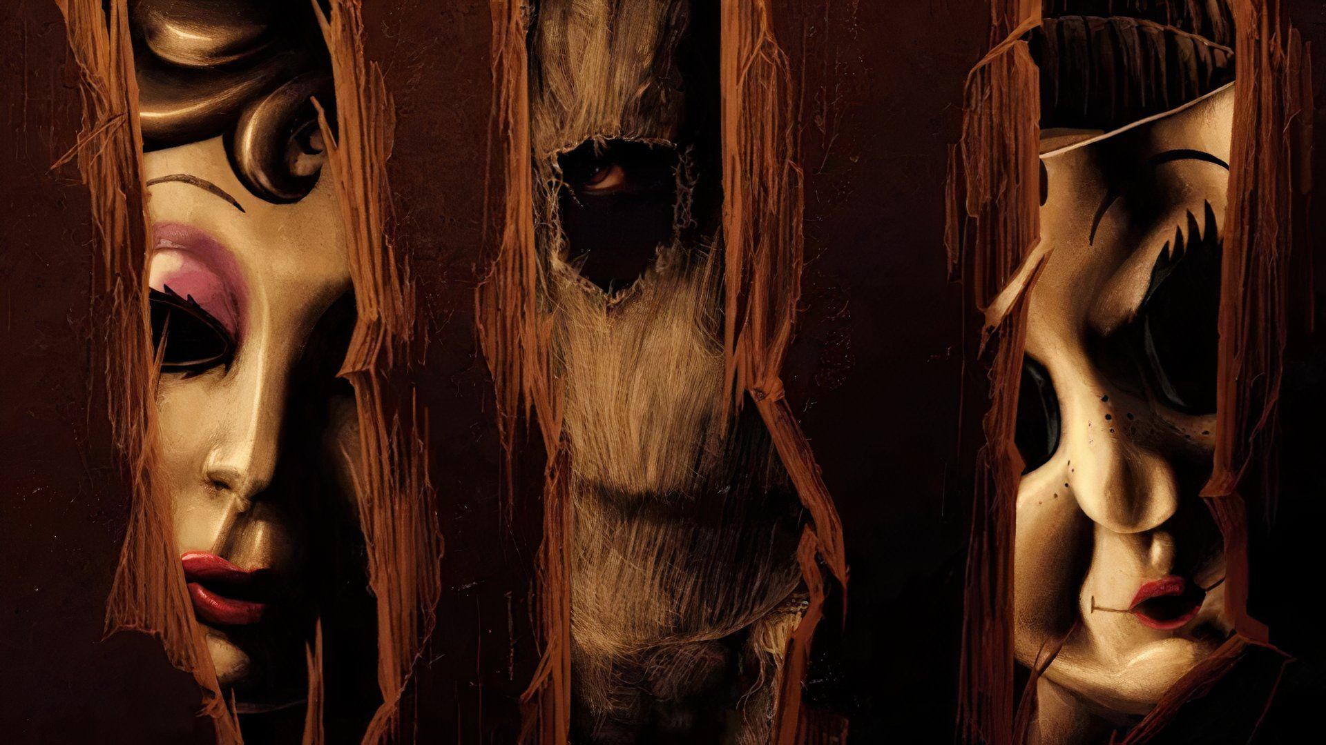 The three antagonists from The Strangers looking through a broken door.