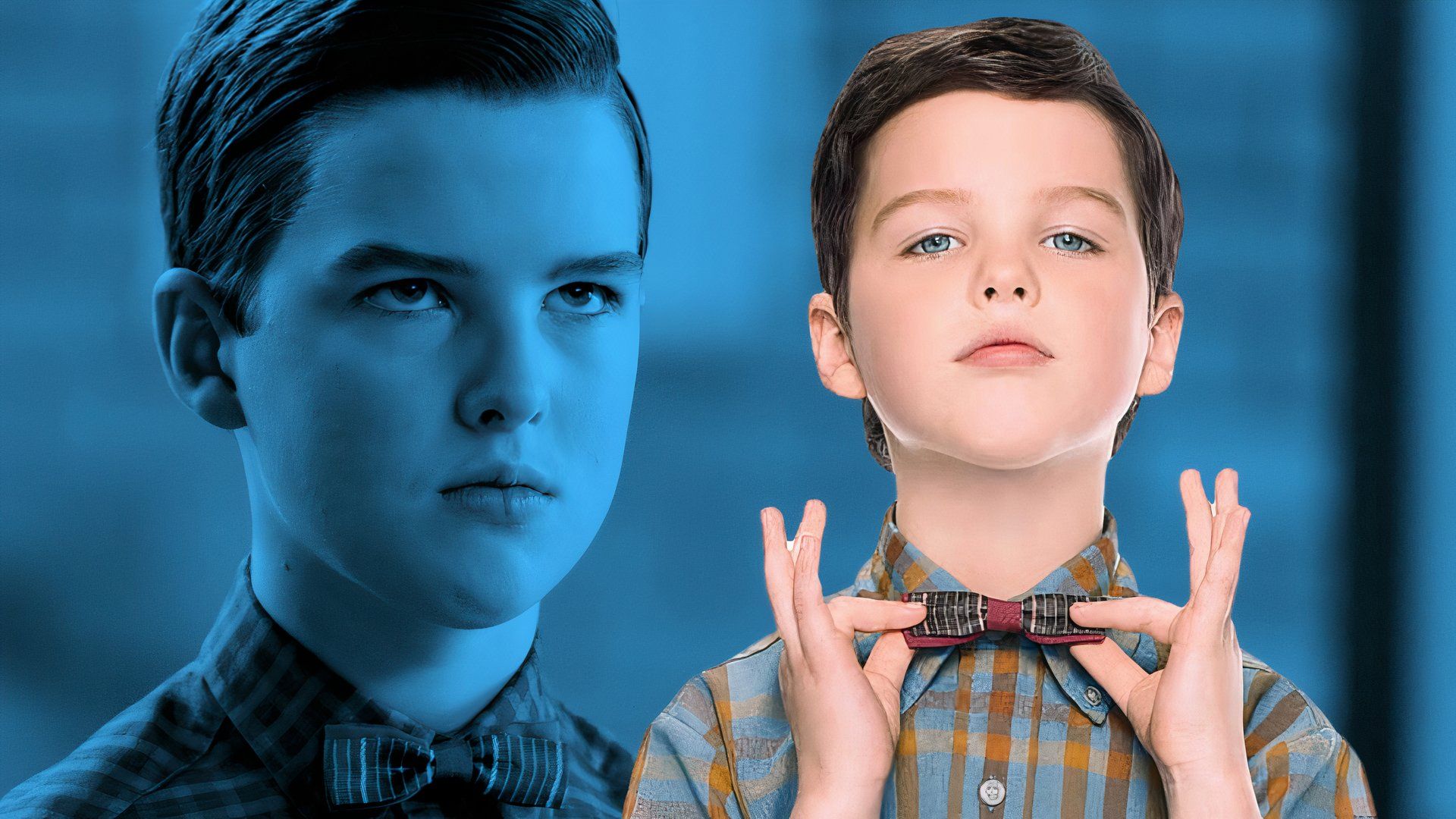 An edited image of Iain Armitage wearing a bowtie and collared shirt in Young Sheldon