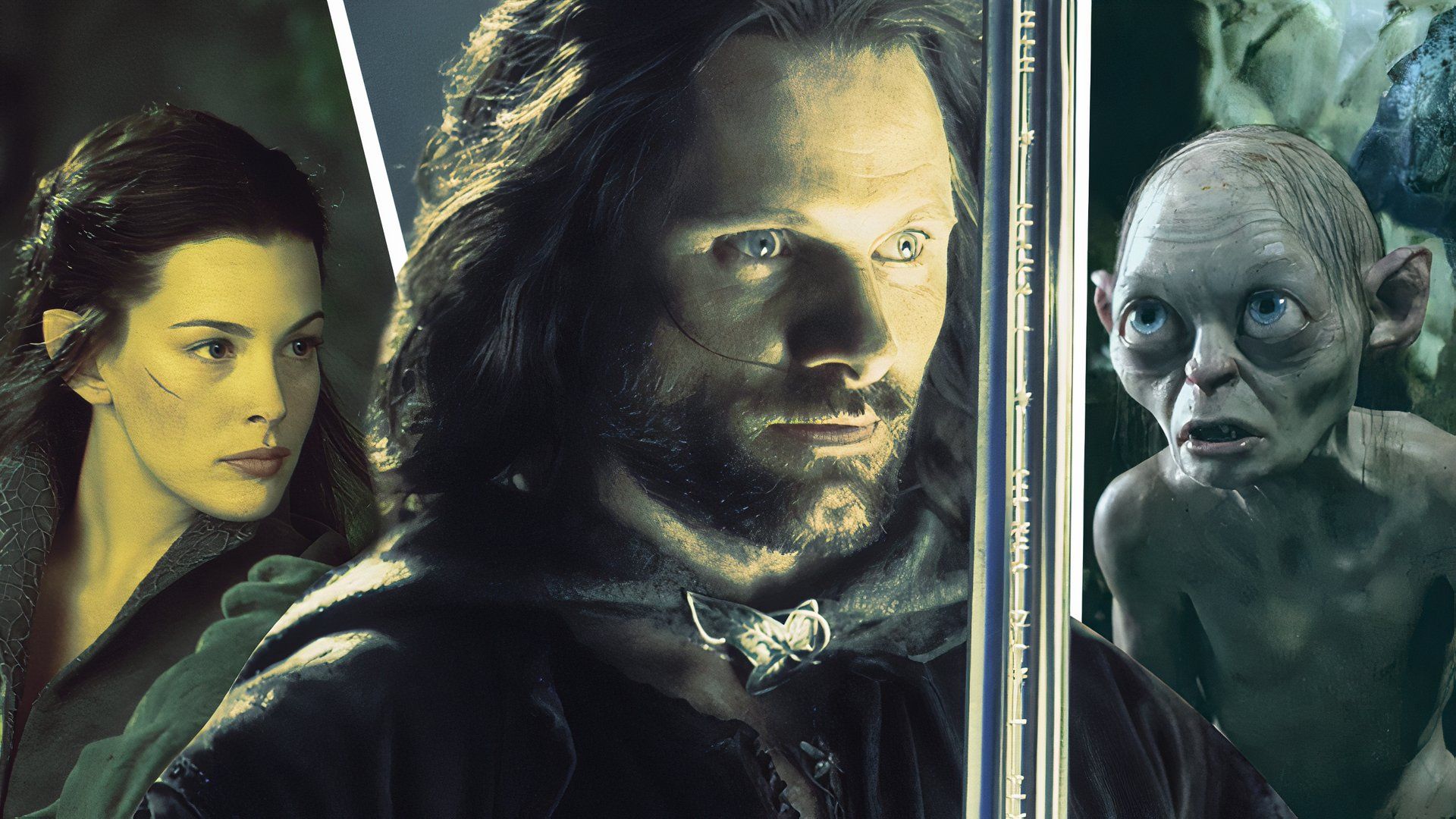 An edited image of Viggo Mortensen as Aragorn, Liv Tyler as Arwen, and Andy Serkis as Gollum in The Lord of the Rings