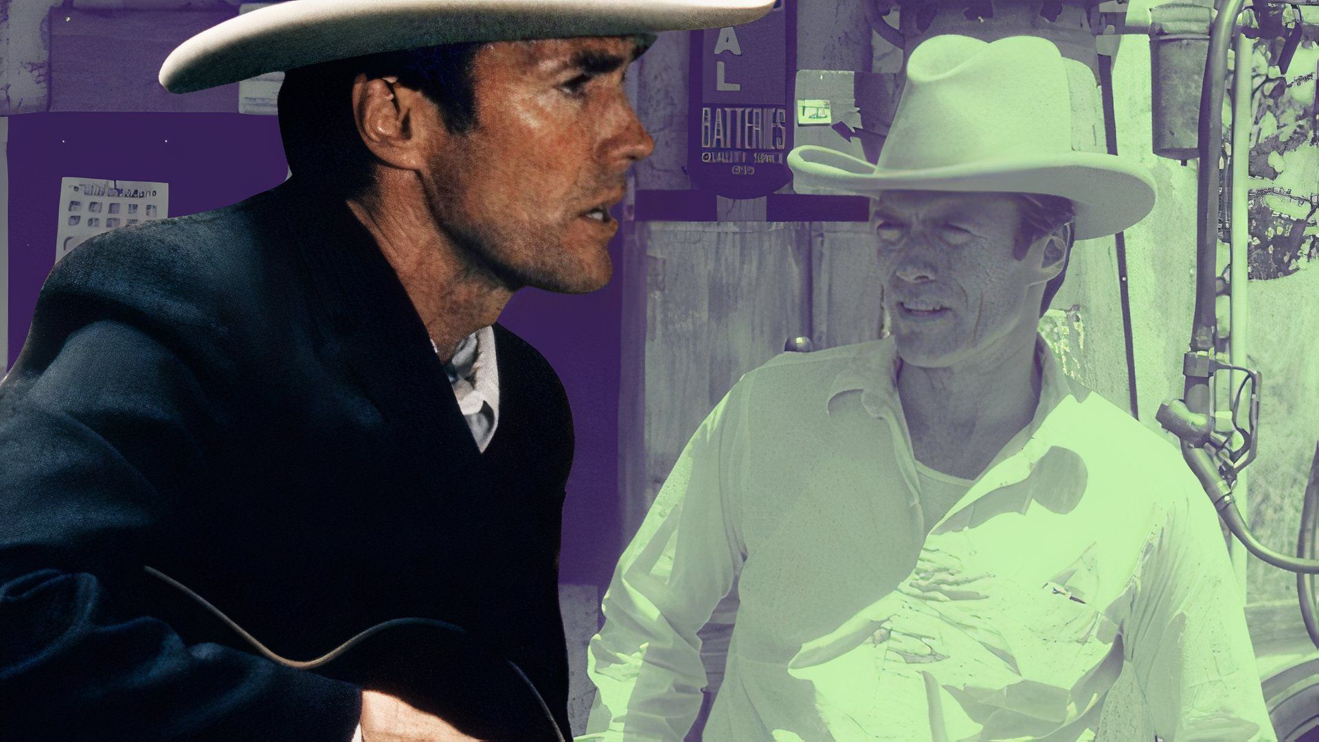 An edited image of Clint Eastwood as Red wearing a cowboy hat and playing a guitar in Honkytonk Man