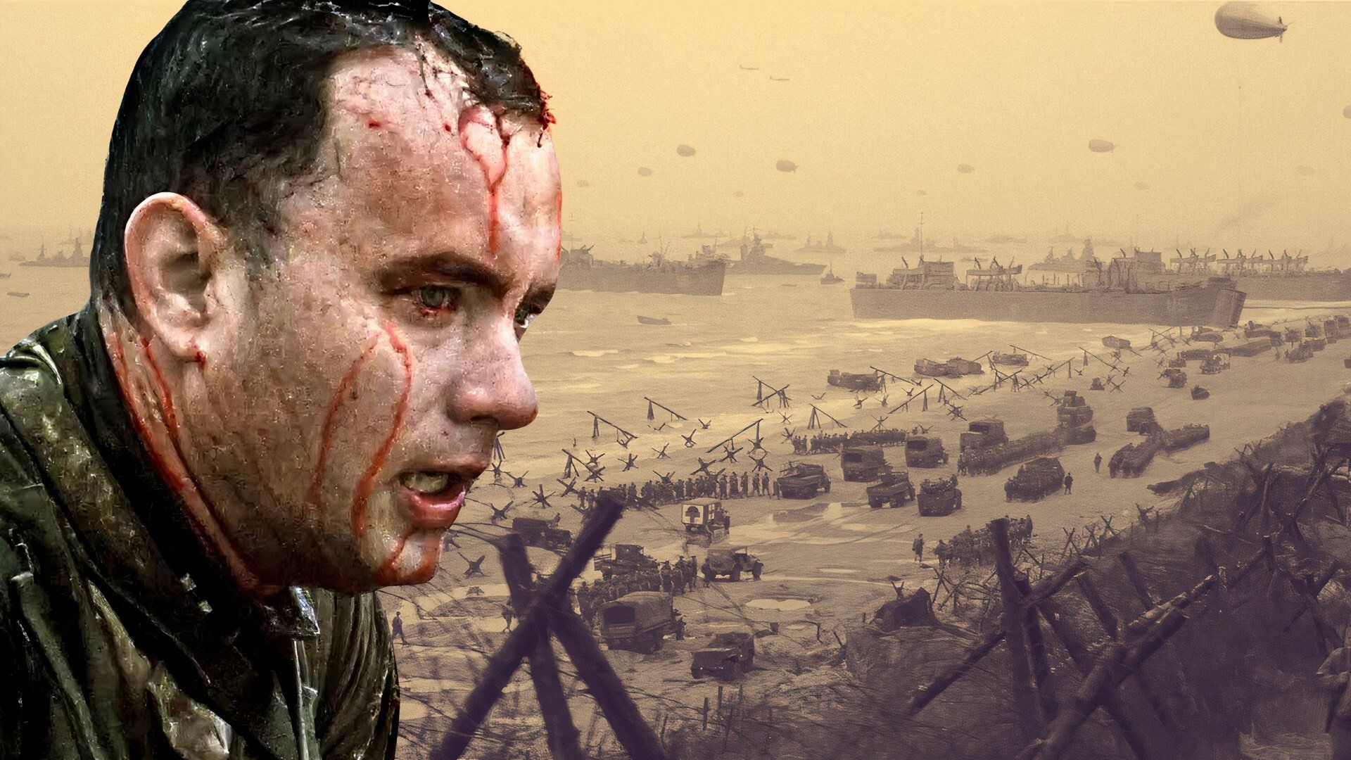 An edited image of Tom Hanks with blood dripping down his face on the beaches of Normandy in Saving Private Ryan