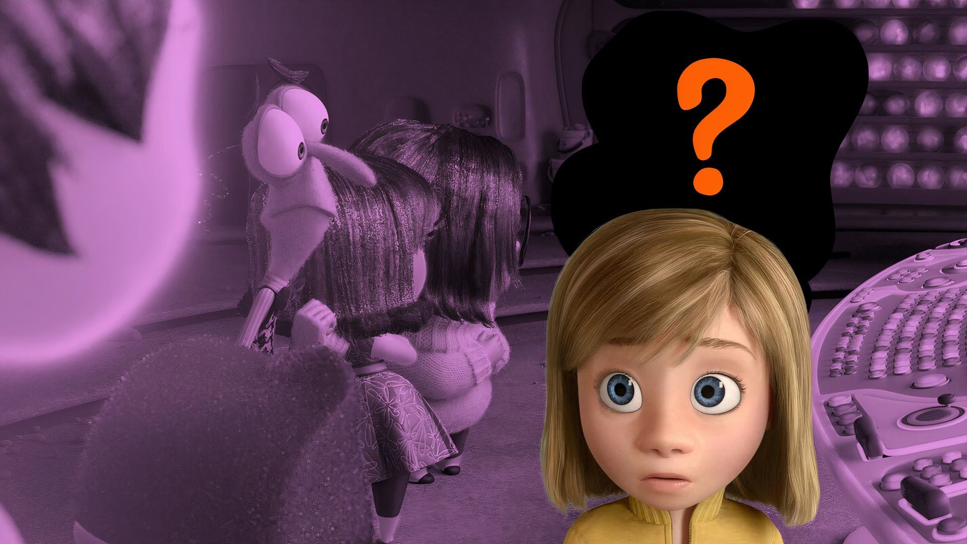 An edited image of Riley with a question mark over her head and various emotions next to her in Inside Out 2