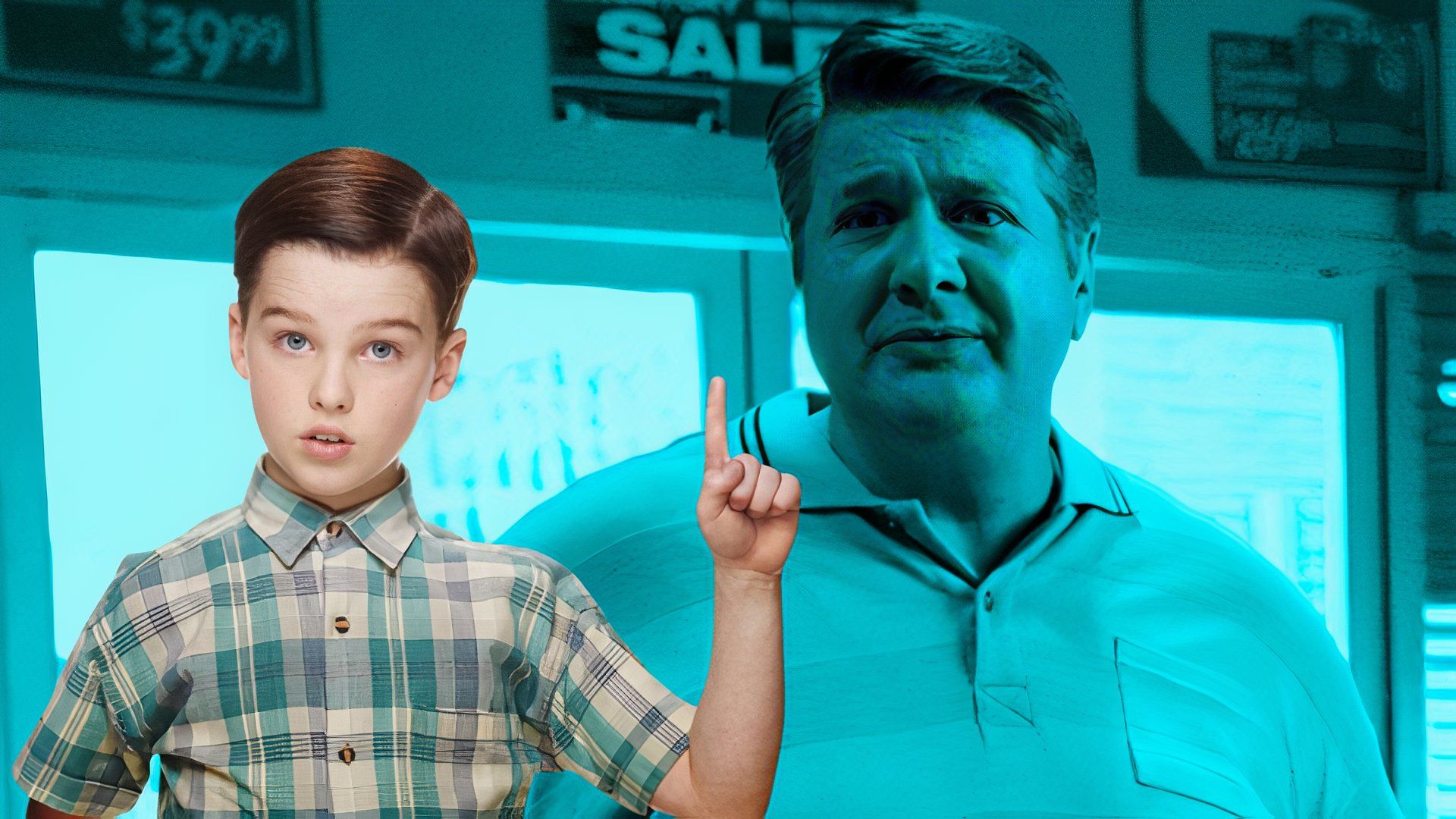 An edited image of Iain Armitage as Sheldon Cooper alongside Lance Barber as George Cooper in Young Sheldon