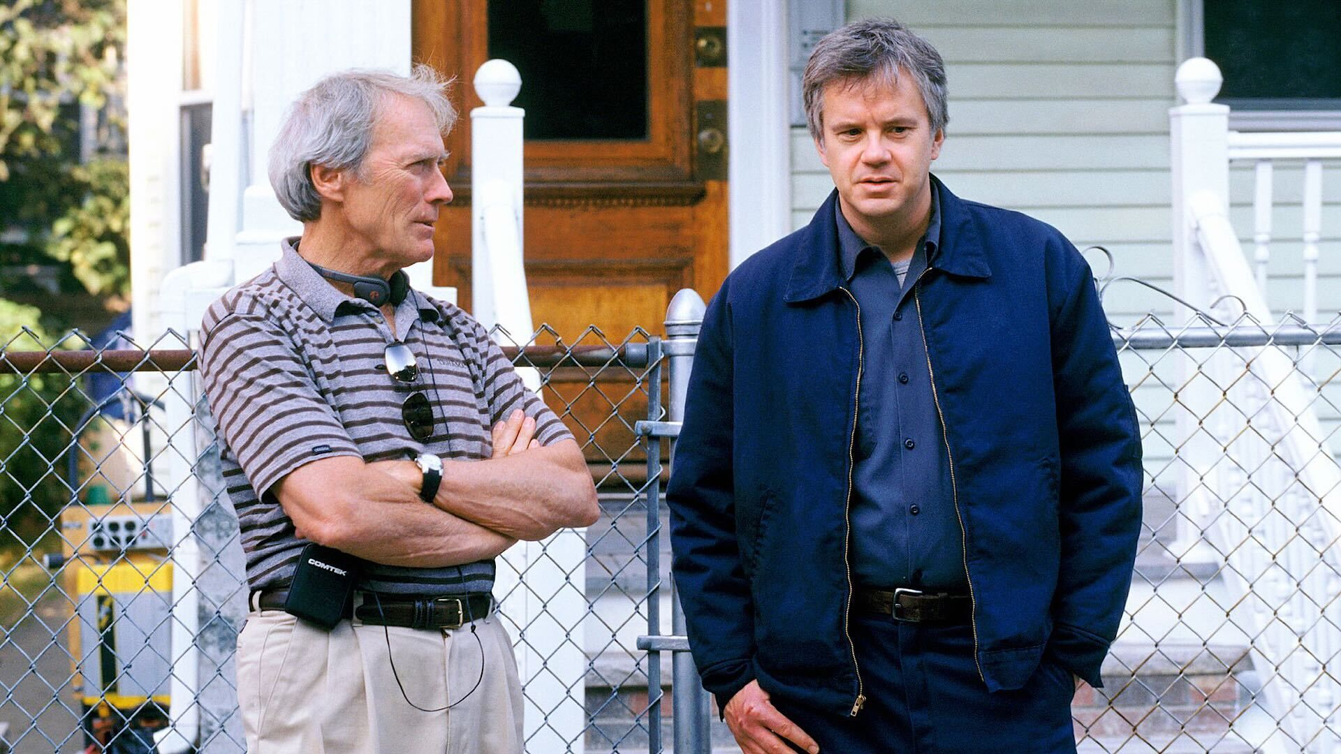 Tim Robbins chatting with Clint Eastwood on Mystic River set