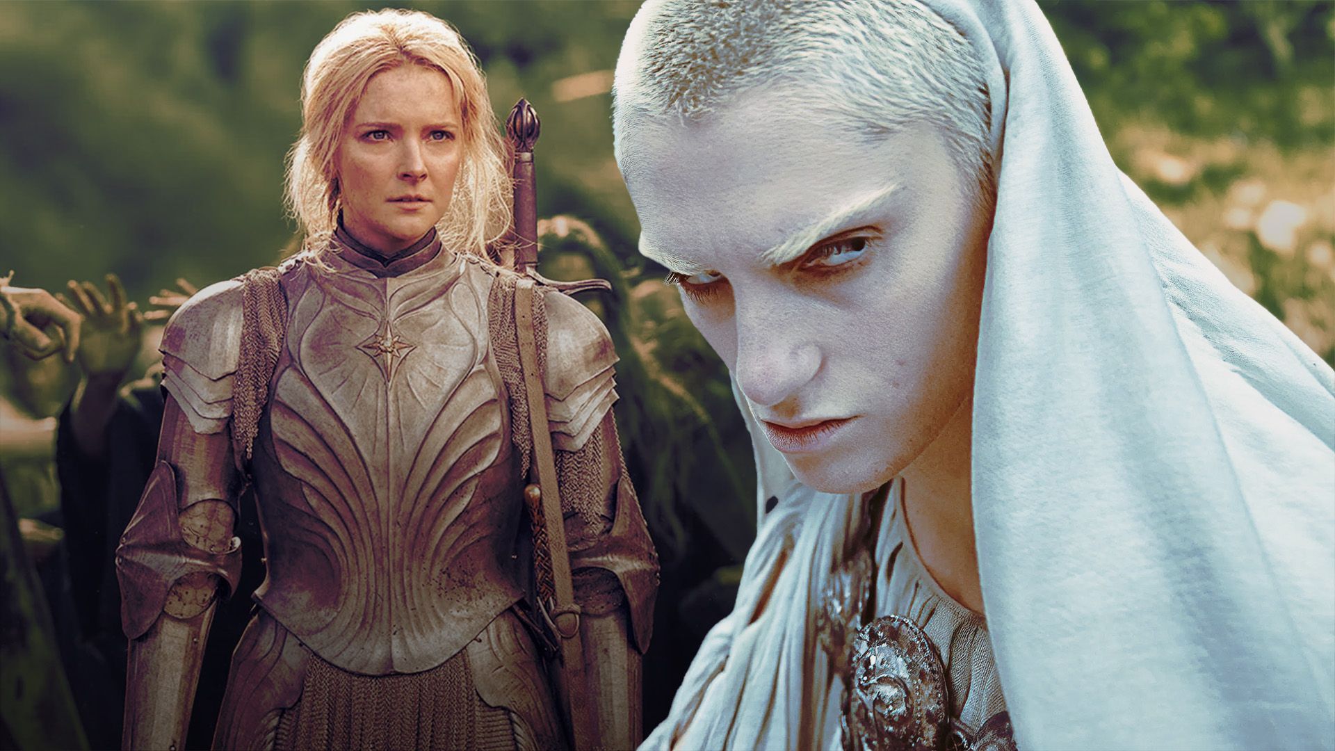 An edited image of Morfydd Clark as Galadriel and Bridie Sisson as The Dweller in The Rings of Power