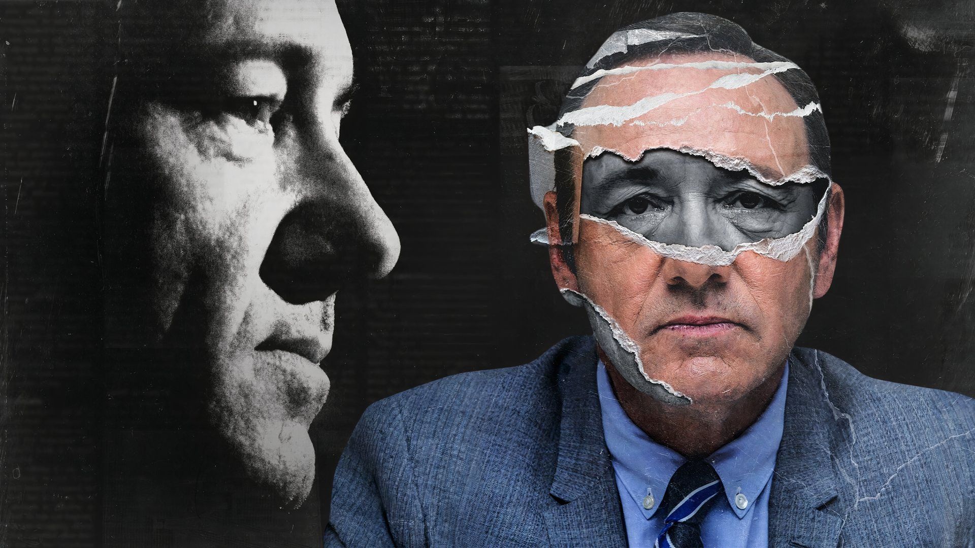 An edit of Kevin Spacey wearing a suit jacket and tie in Spacey Unmasked