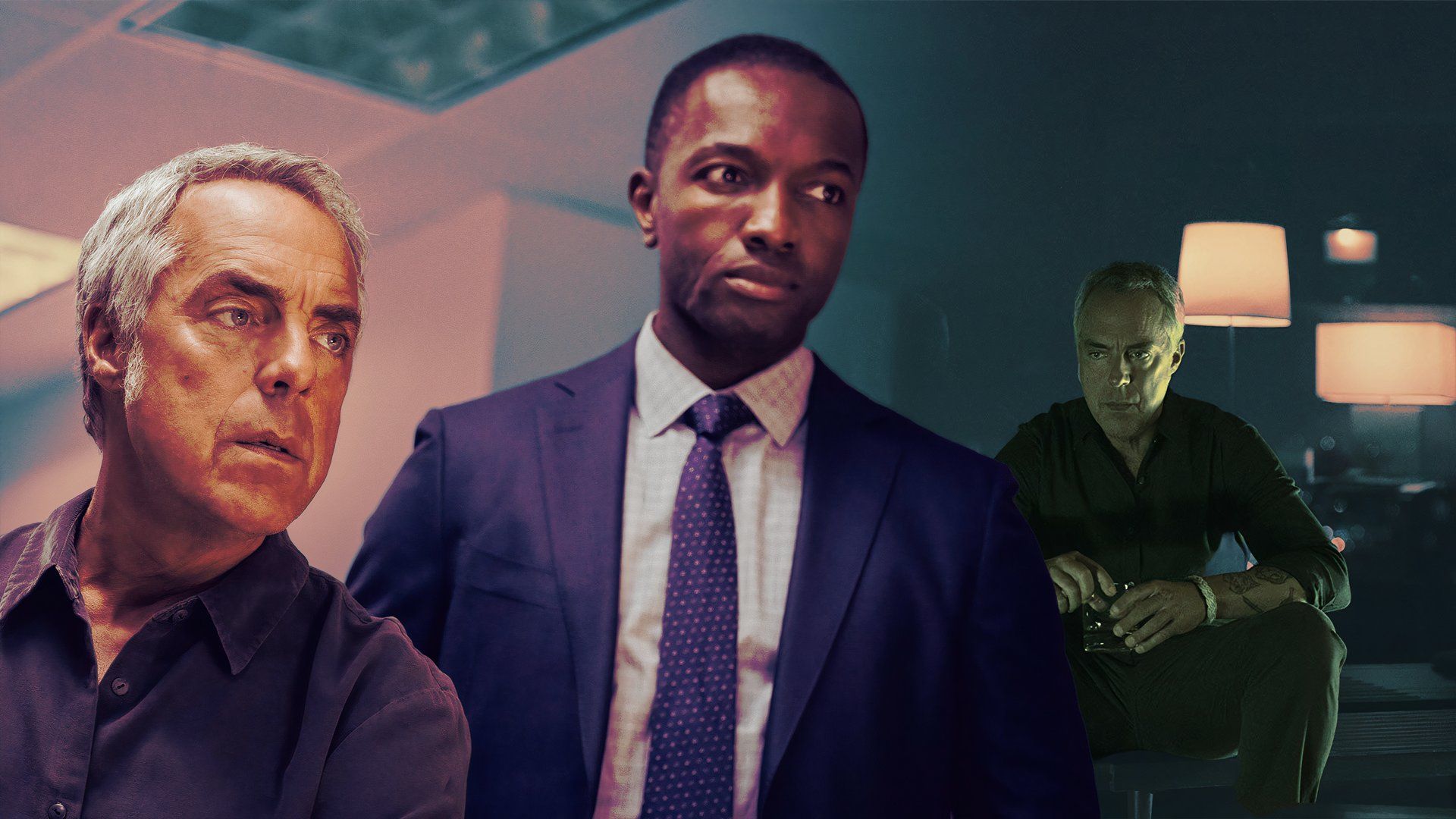 An edited image of Titus Welliver as Harry Bosch with Jamie Hector as Jerry Edgar in Bosch: Legacy