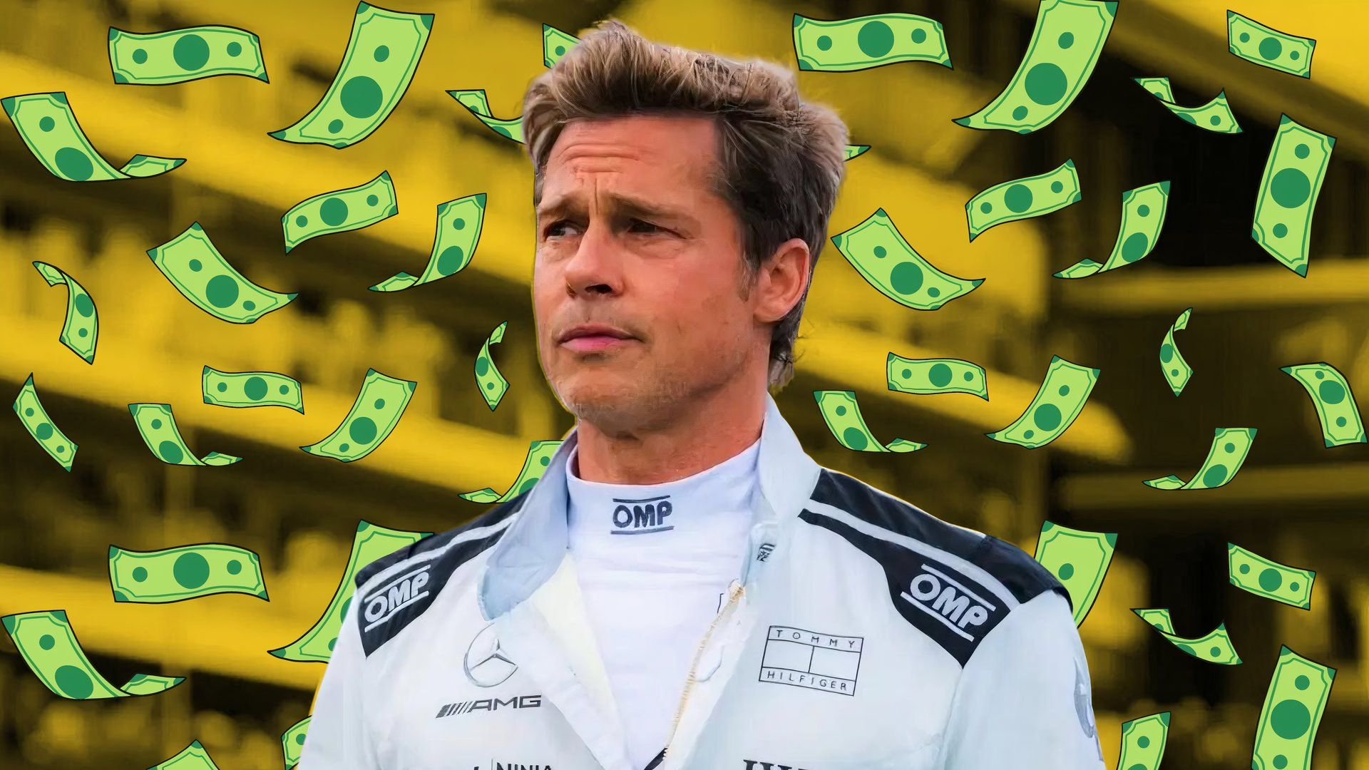 An edit of Brad Pitt wearing a Formula 1 white and black race jacket with money falling down around him
