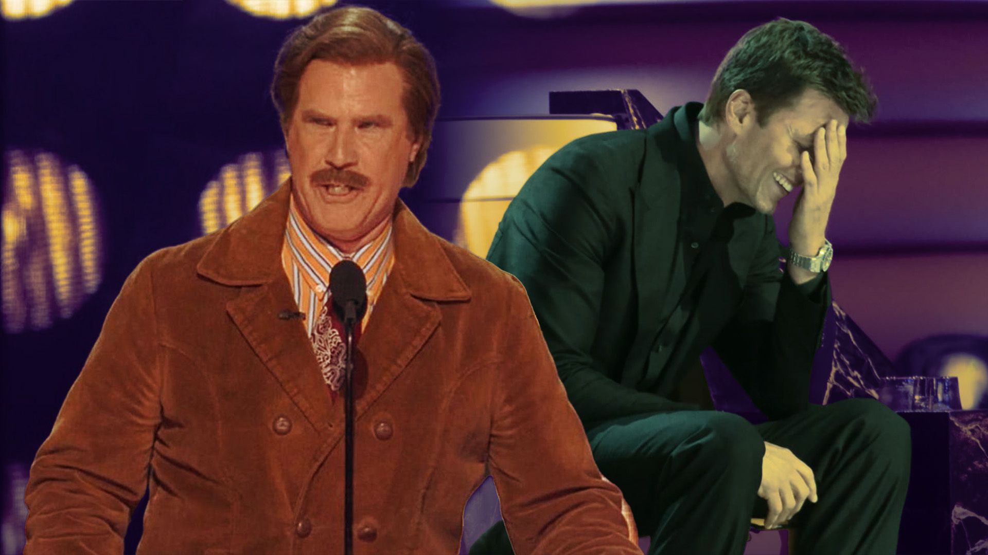 Will Ferrell as Ron Burgundy with Tom Brady laughing at The Roast of Tom Brady