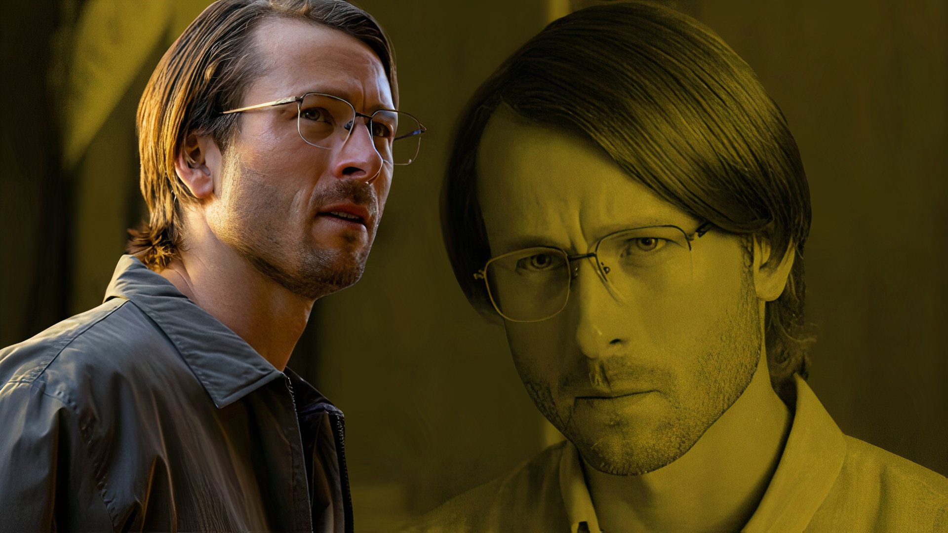 An edited image of Glen Powell as Gary wearing a collared jacket and glasses in Hit Man