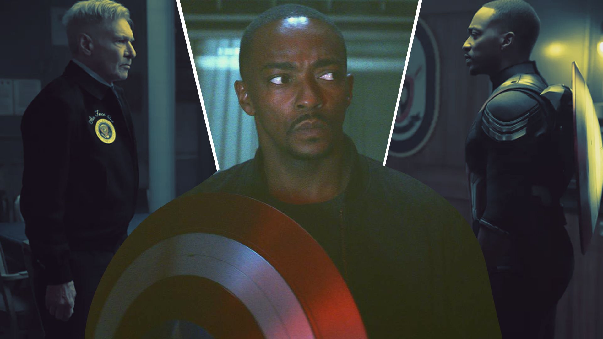 An edit of Anthony Mackie as Captain America with Harrison Ford as President Ross in Captain America: Brave New World