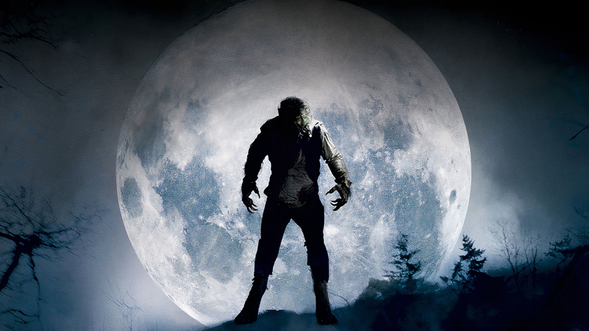 A werewolf standing in front of a full moon.