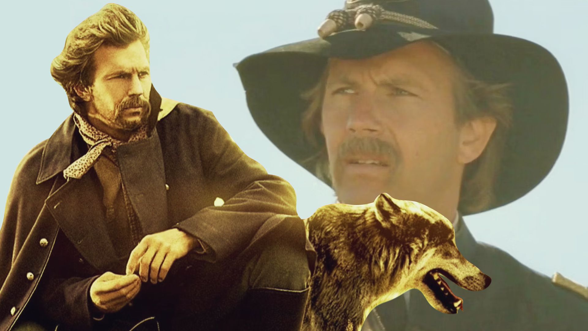 An edited image of Dances With Wolves with Kevin Costner wearing a black duster and black hat