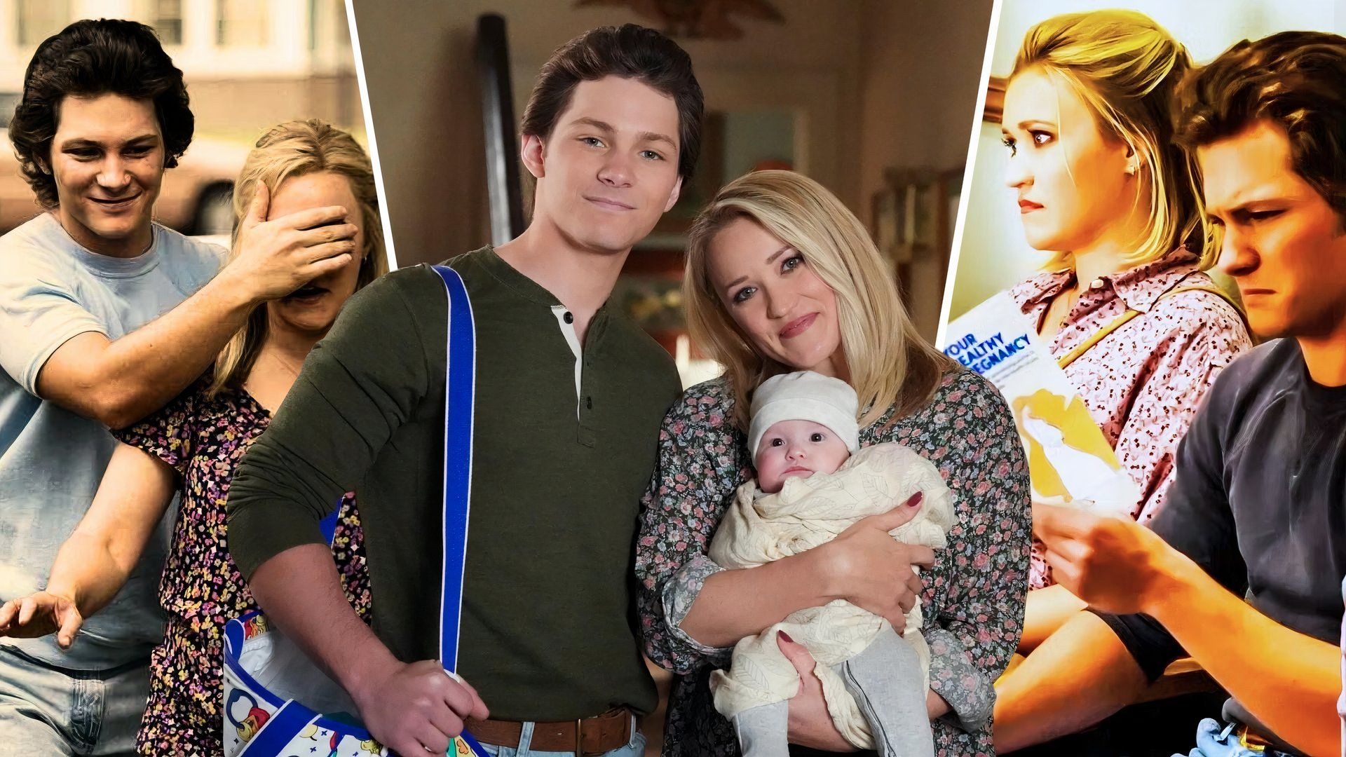 An edited image of Emiy Osment and Montana Jordan holding a baby in Young Sheldon