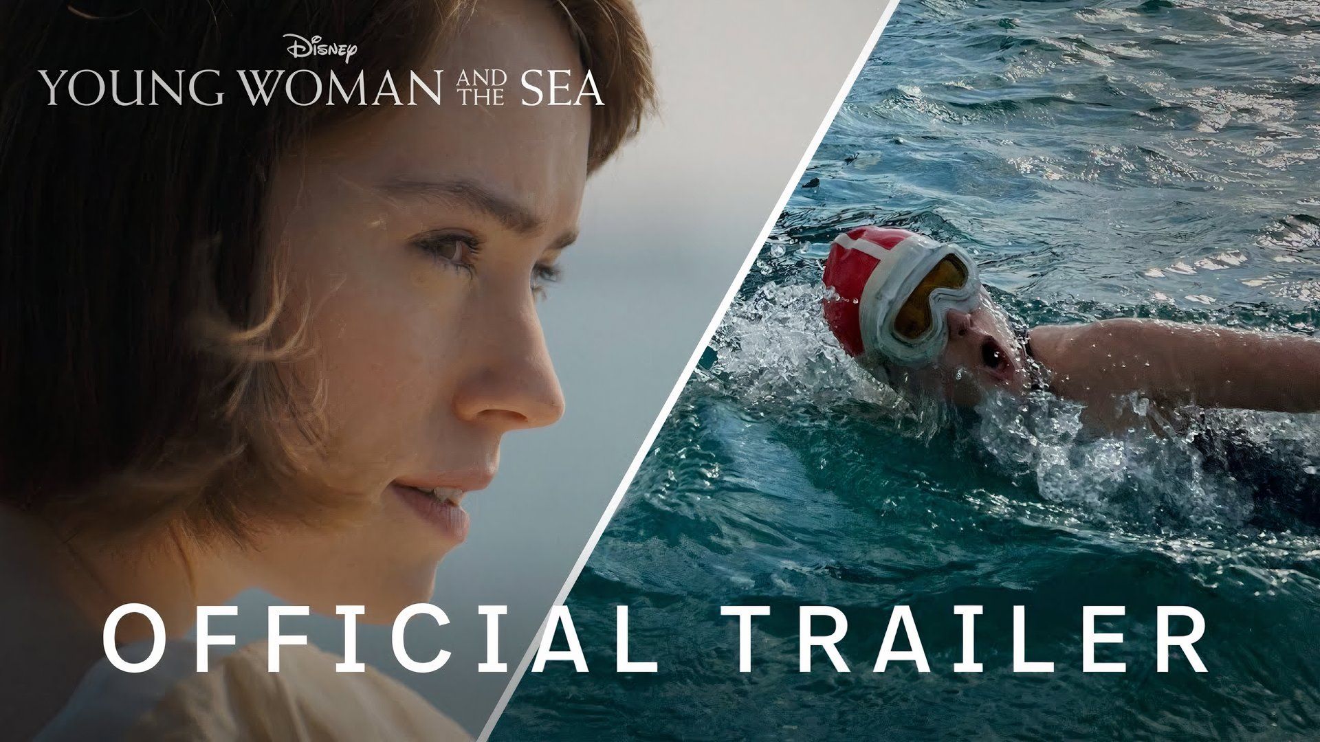 Daisy Ridley in the trailer thumbnail for Young Woman and the Sea