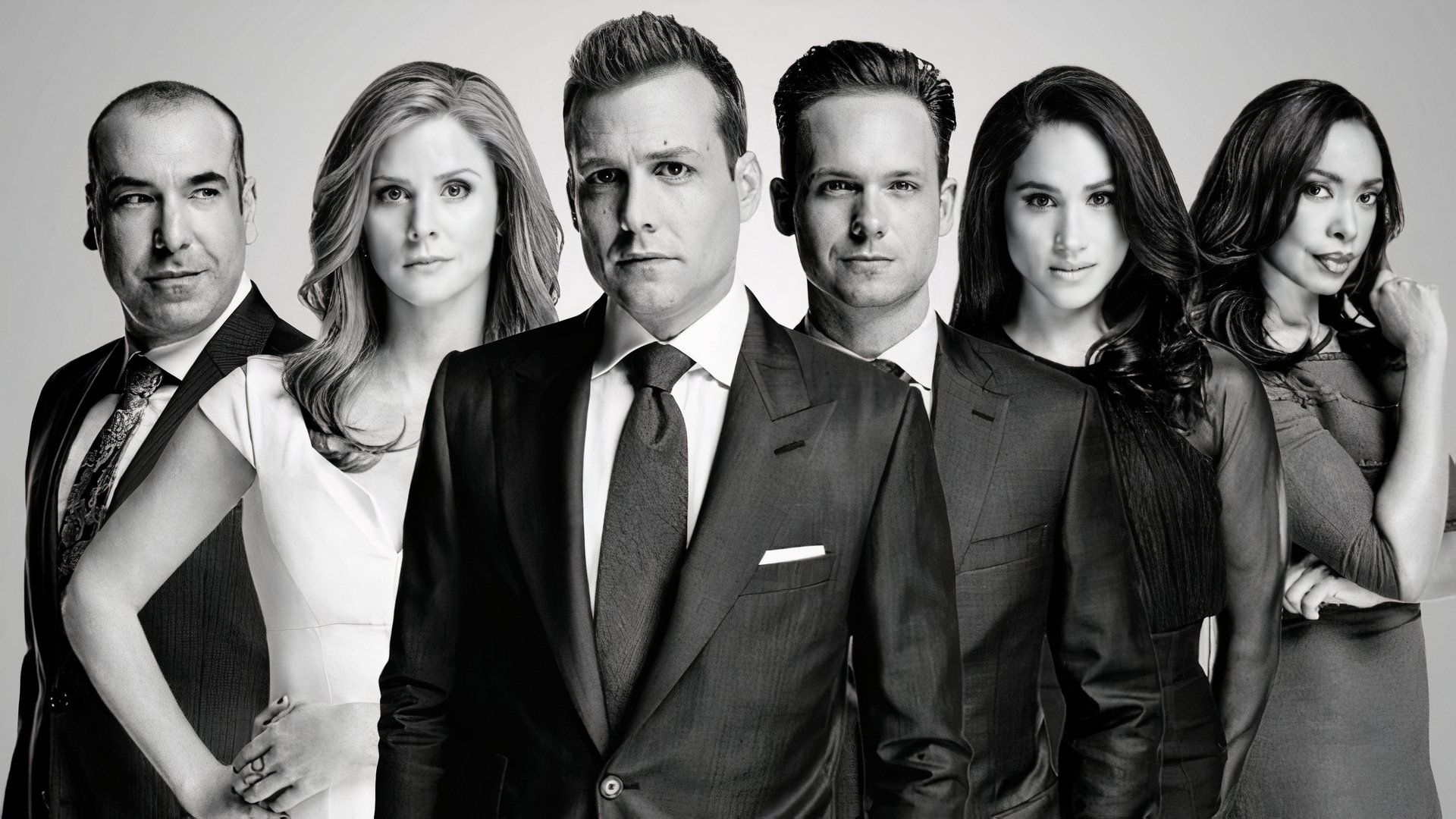 The Cast of Suits stands together