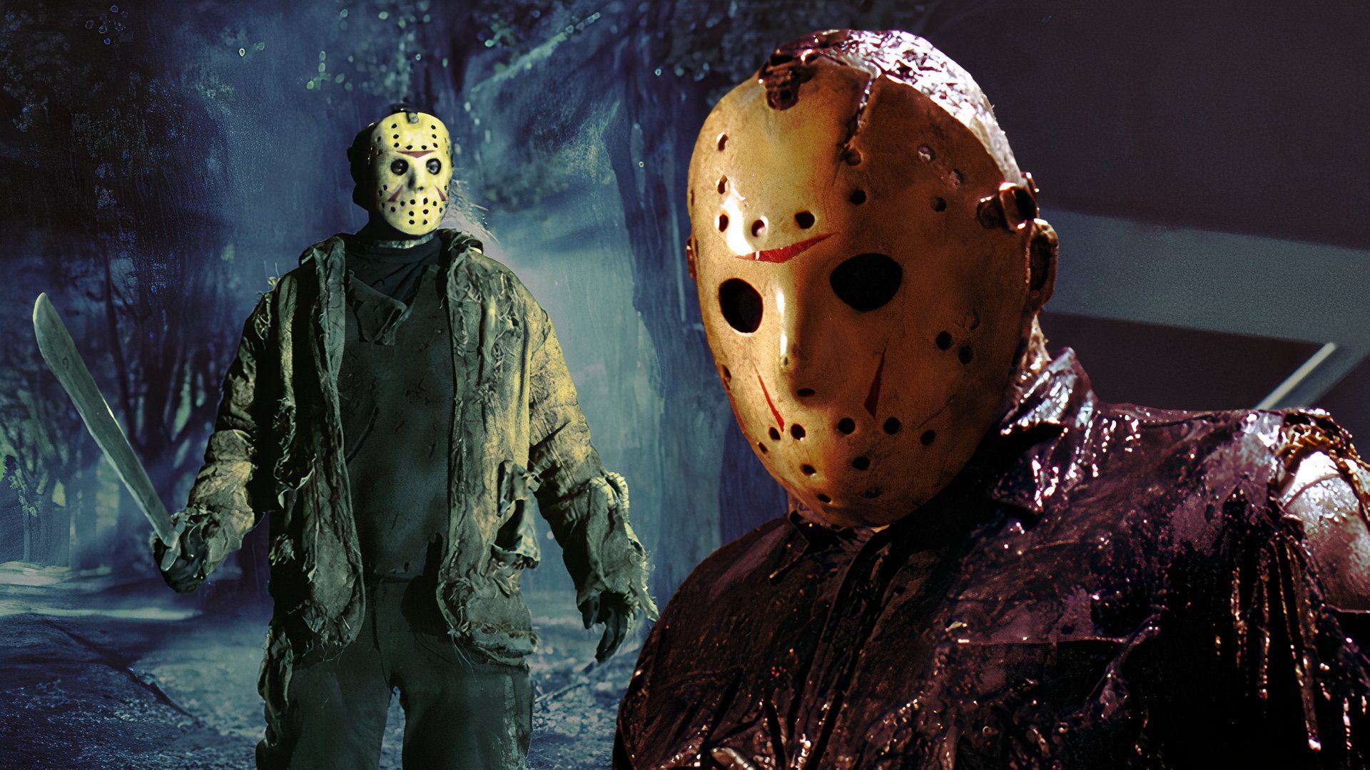 An edited image of Jason wearing his hockey mask, holding a machete in Friday the 13th movies
