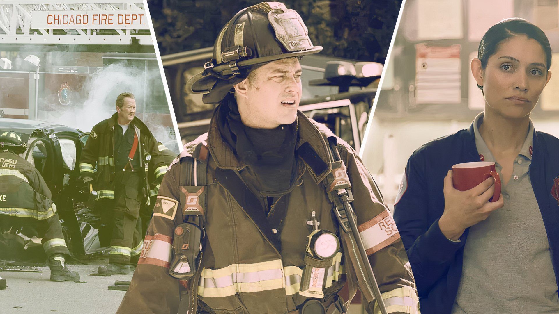 An edited image of different Chicago Fire characters wearing firefighter uniforms in Chicago Fire (1)