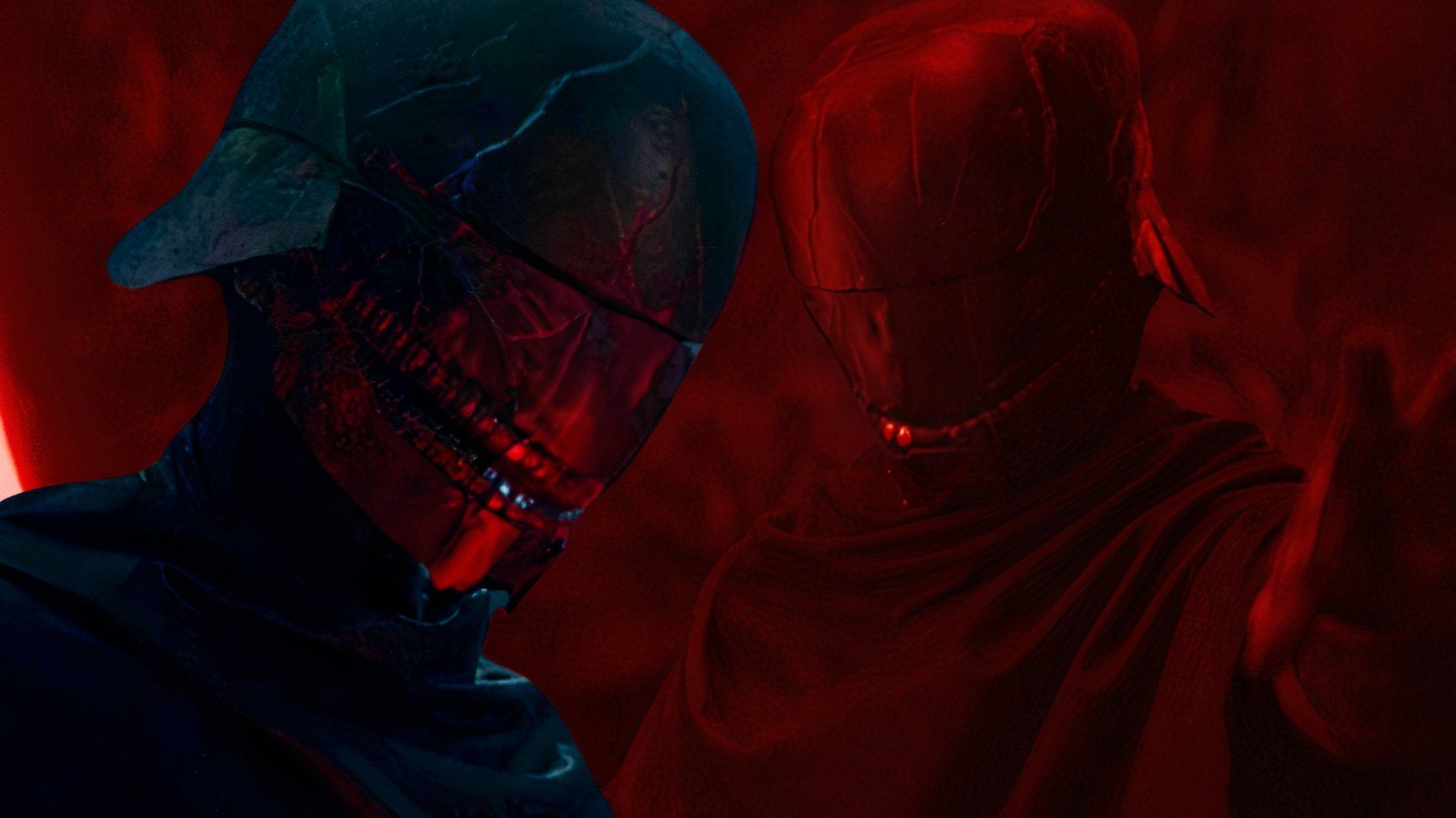 An edited image of the Sith Lord in The Acolyte wearing a helmet and dark robes with a red lightsaber