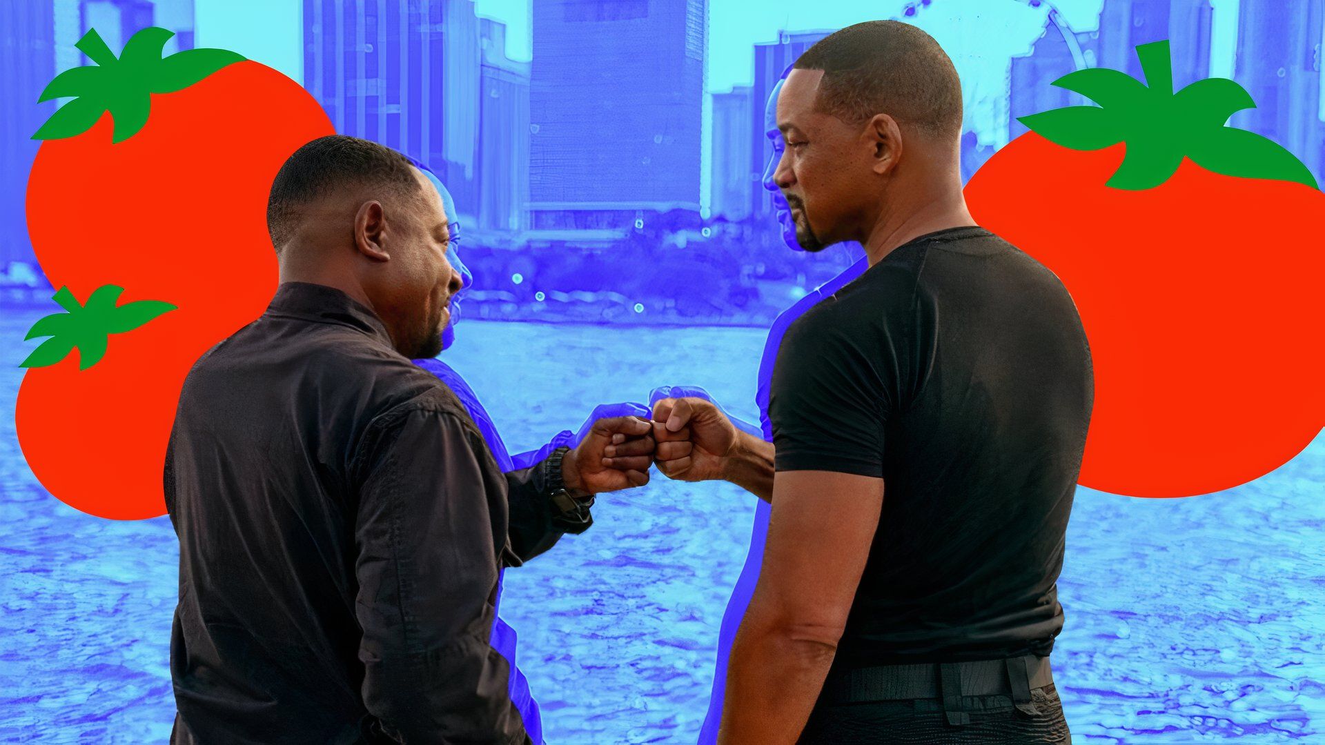 Will Smith and Martin Lawrence fist bumping surrounded by tomatoes.