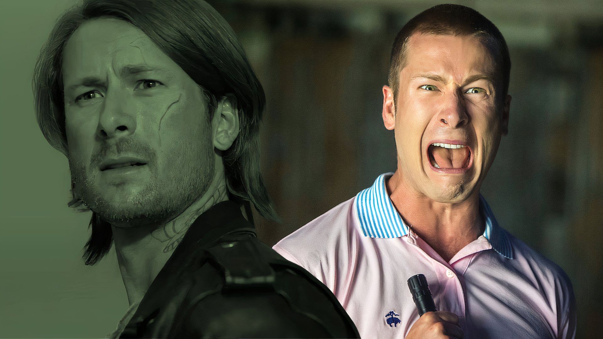 An edited image of Glen Powell in both Hit Man and Scream Queens