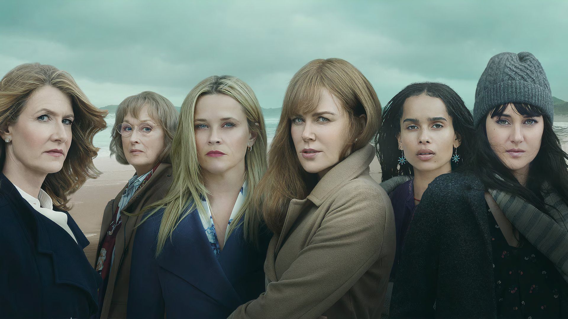 The cast of Big Little Lies season 2 stand together, including Laura Dean, Meryl Streep, Reese Witherspoon, Nicole Kidman, Zoe Kravitz, and Shailene Woodley