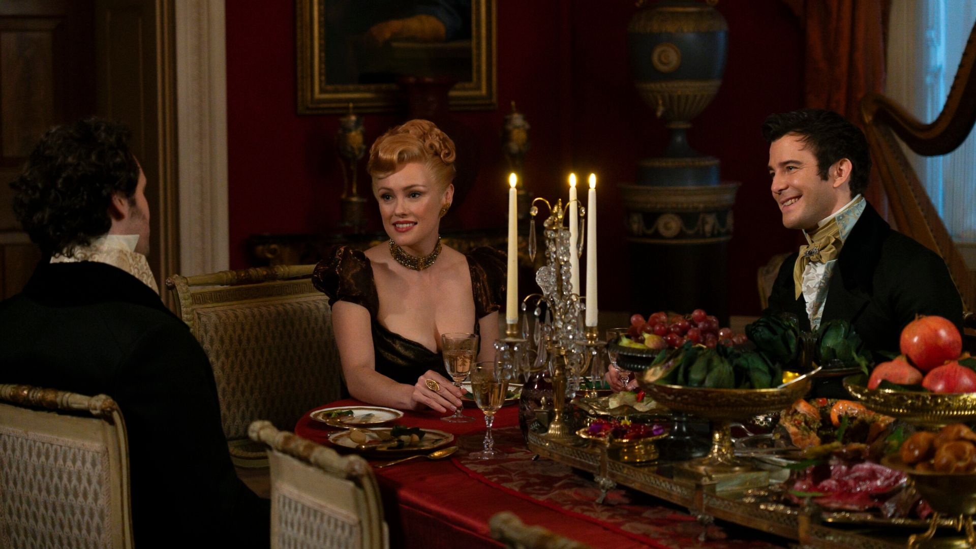 Benedict, Tilley and Paul at the dinner table in Bridgerton Season 3