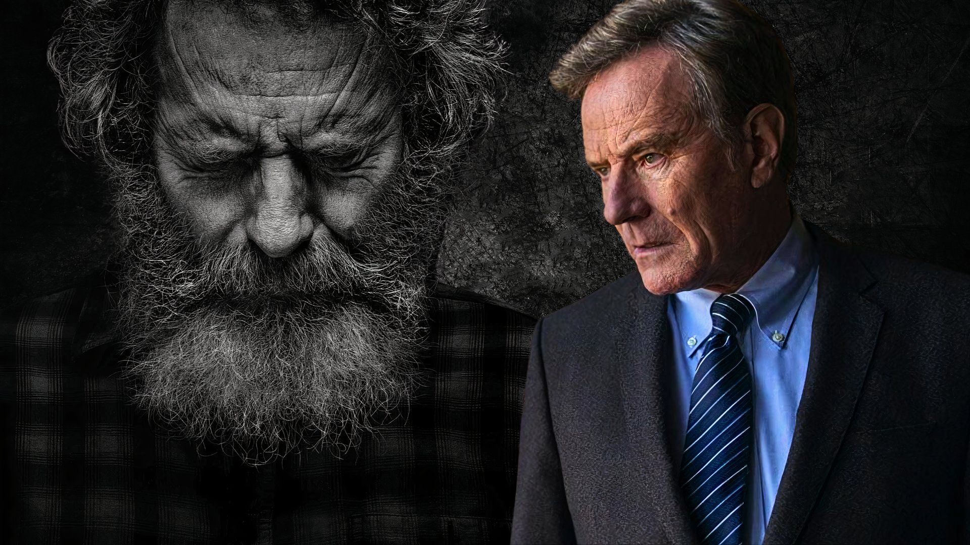 An edited image of Bryan Cranston as Michael wearing a suit and tie and with long hair and a beard in Your Honor