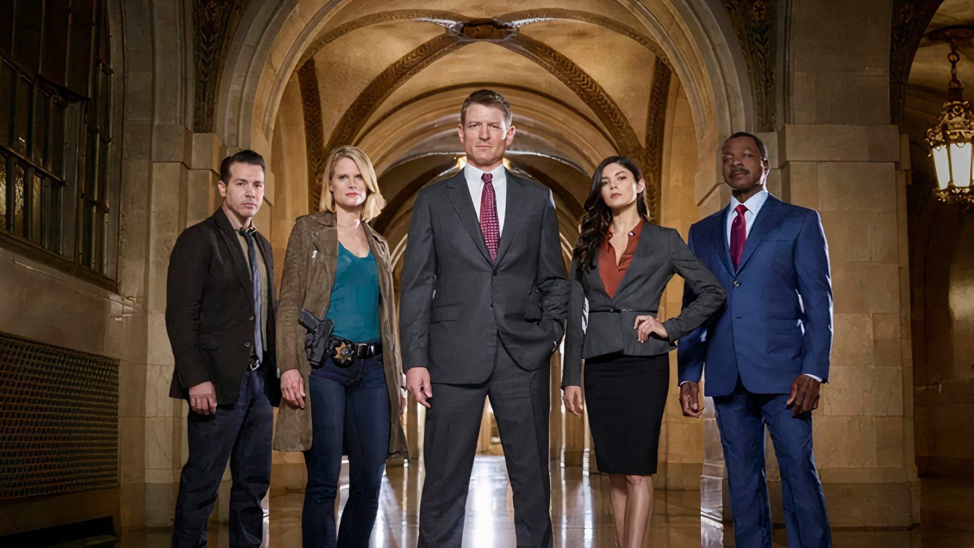 The cast of Chicago Justice, led by Philip Winchester as Peter Stone. 