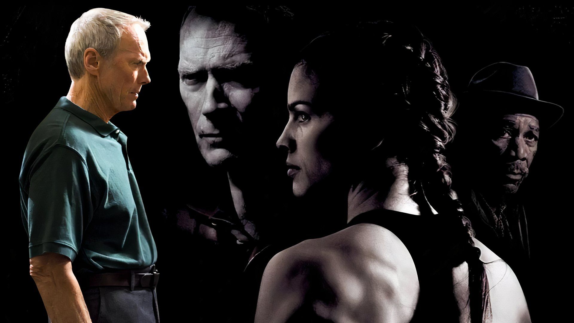 An edited image of Clint Eastwood and Hilary Swank alongside Morgan Freeman in Million Dollar Baby