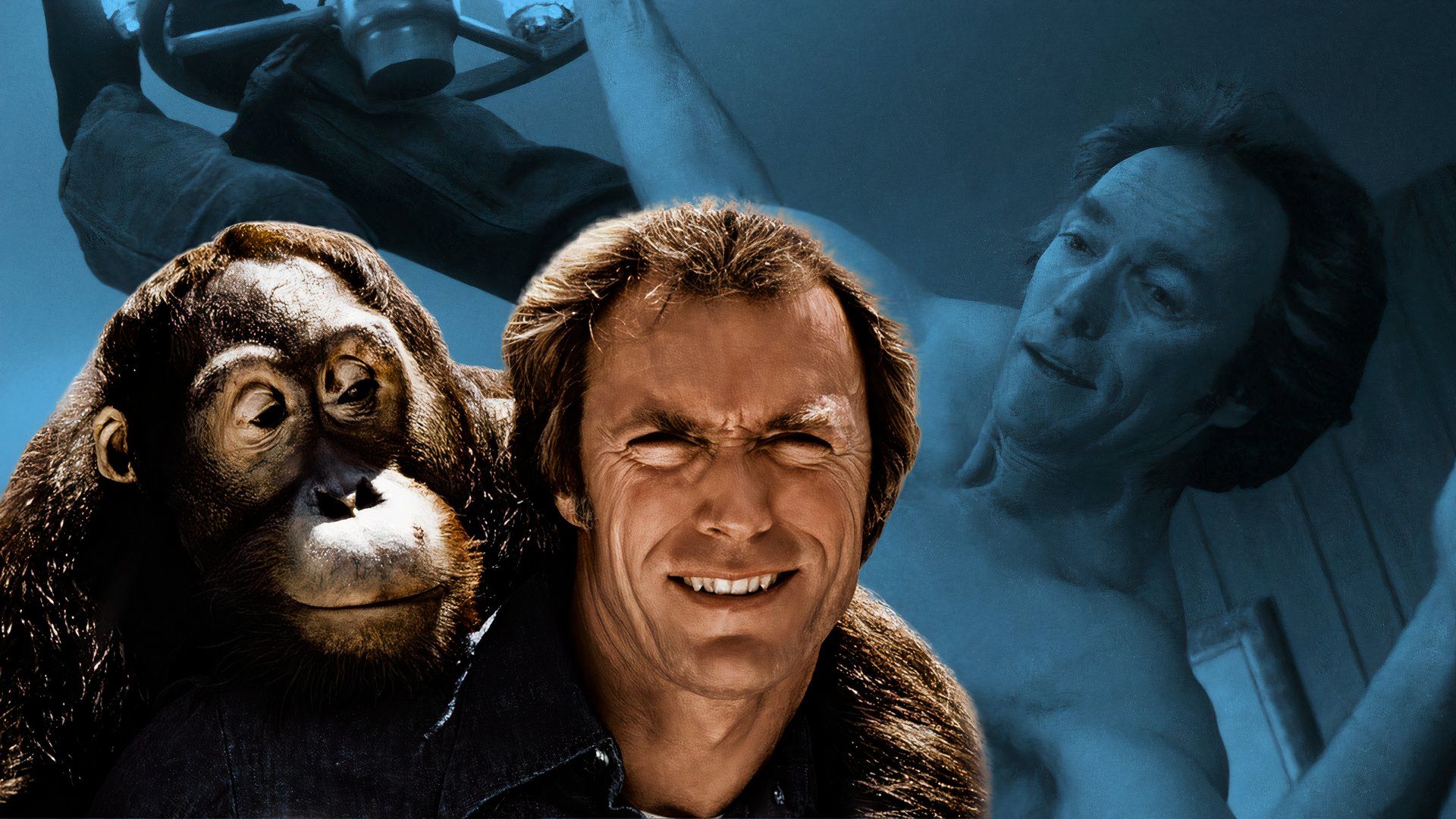 An edit of Clint Eastwood hanging from a ceiling and laughing with an orangutan on his back in Any Which Way You Can