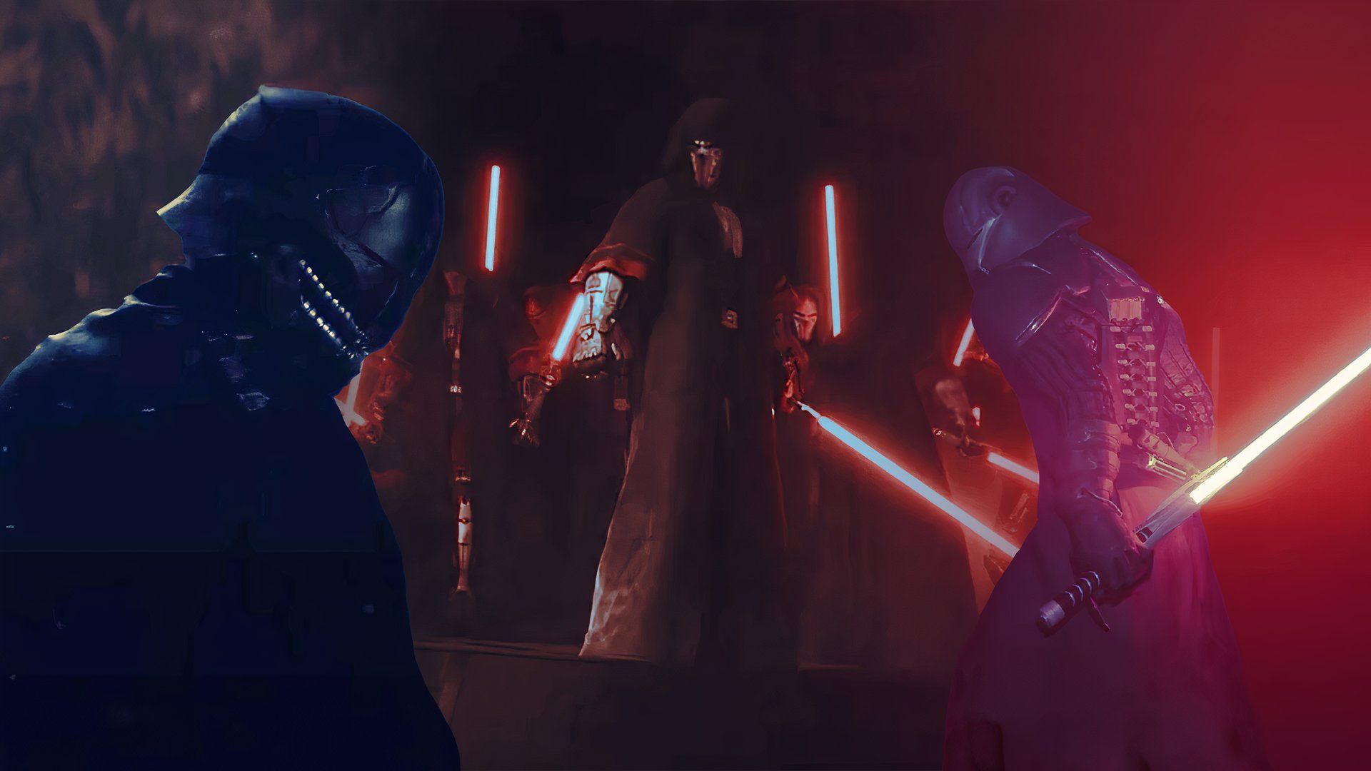 An edited image of various Sith Lords with red lightsabers in the Star Wars series The Acolyte
