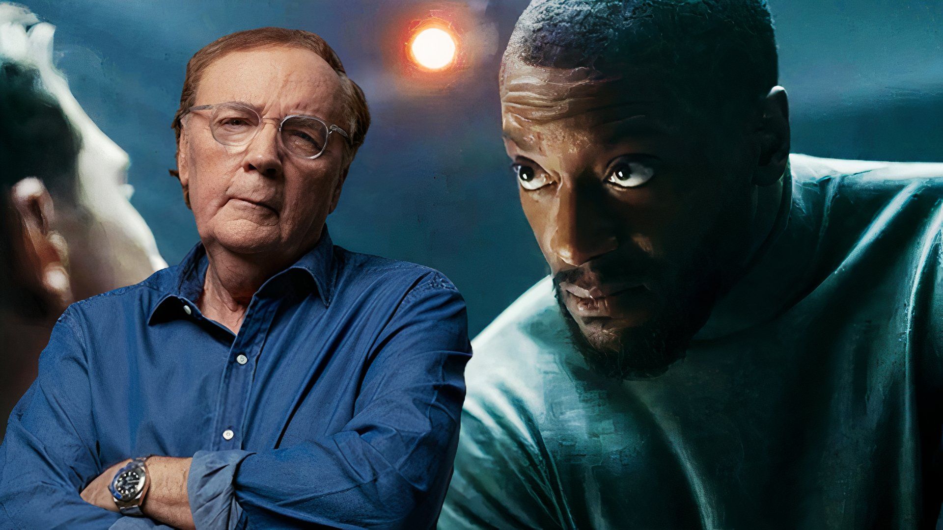 James Patterson over a still from Cross featuring Aldis Hodge