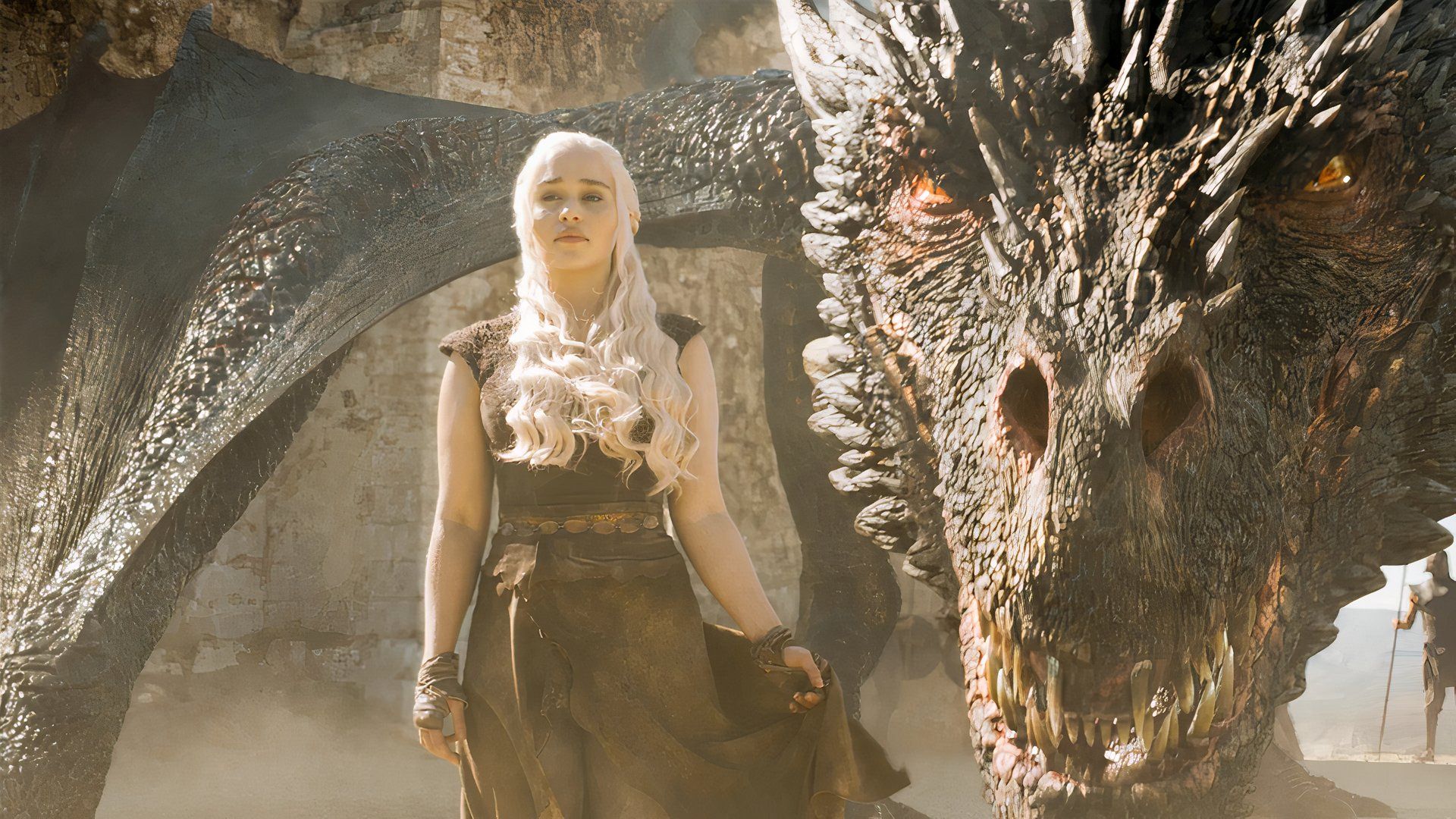 Daenerys and her Dragon in Game of Thrones looking at something off-screen