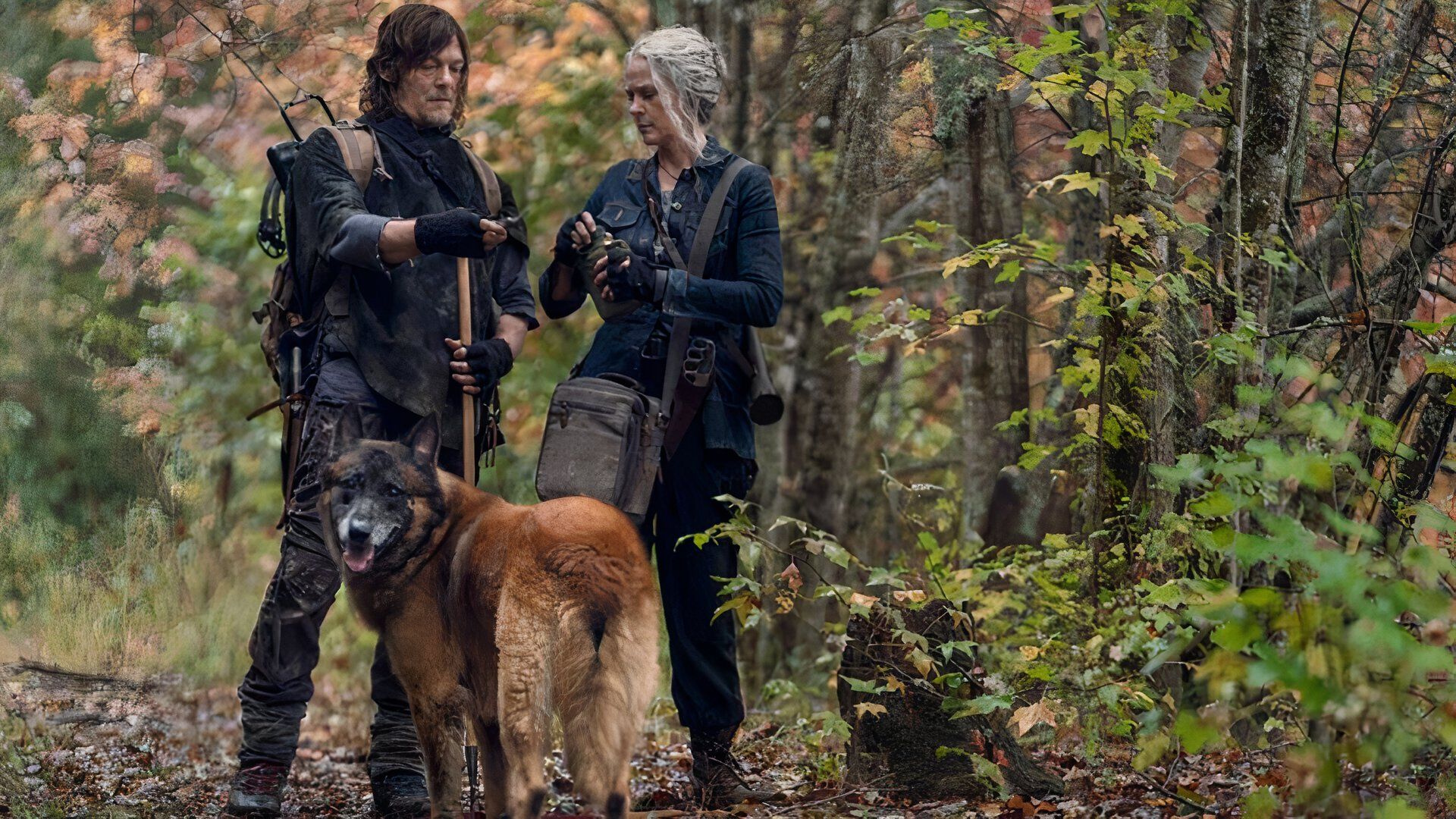 Daryl Carol and Dog in the woods in The Walking Dead