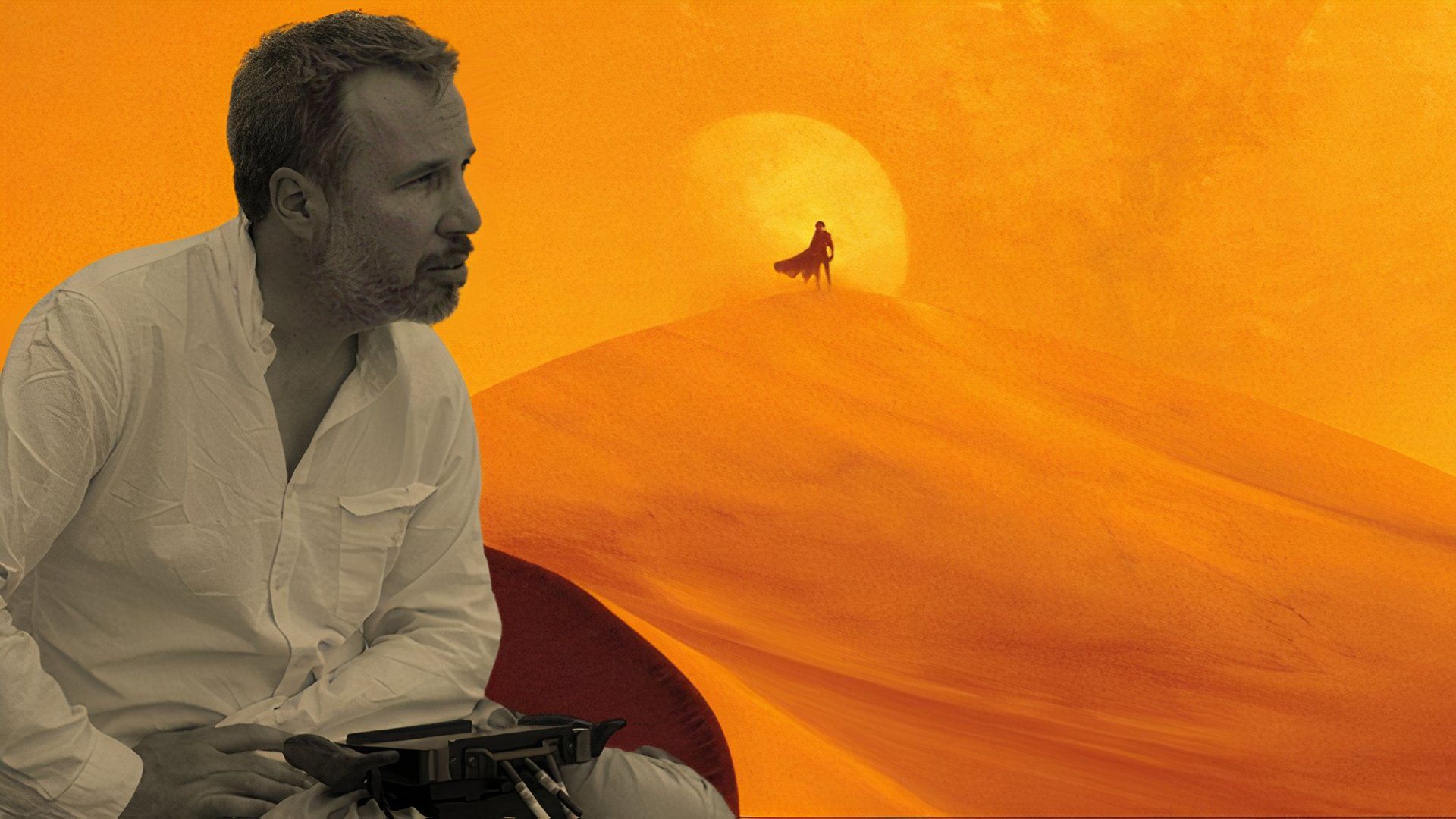 An edit of Denis Villeneuve directing Dune with the cover art for the book featuring someone standing in a desert in DuneAn edit of Denis Villeneuve directing Dune with the cover art for the book featuring someone standing in a desert in Dune