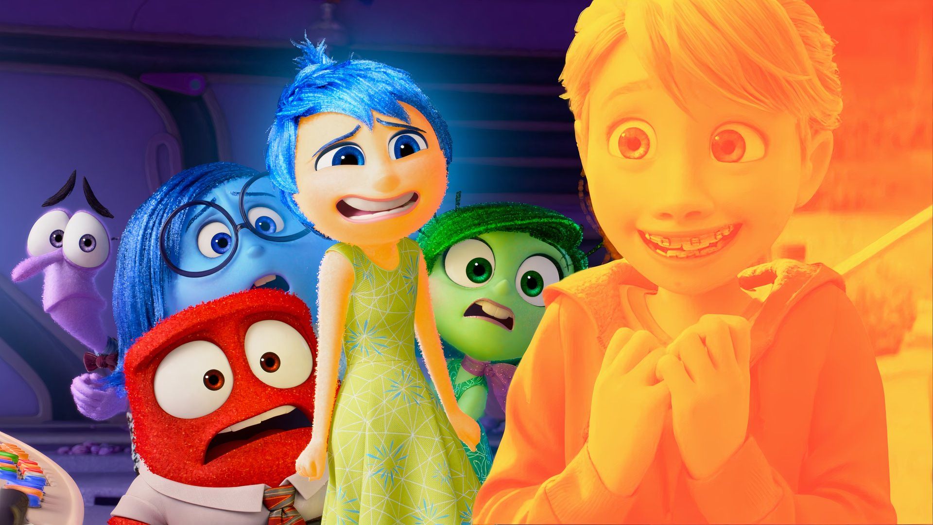The cast of emotions in Inside Out 2 with Sadness, Anger, Joy, Fear, and Disgust next to Riley
