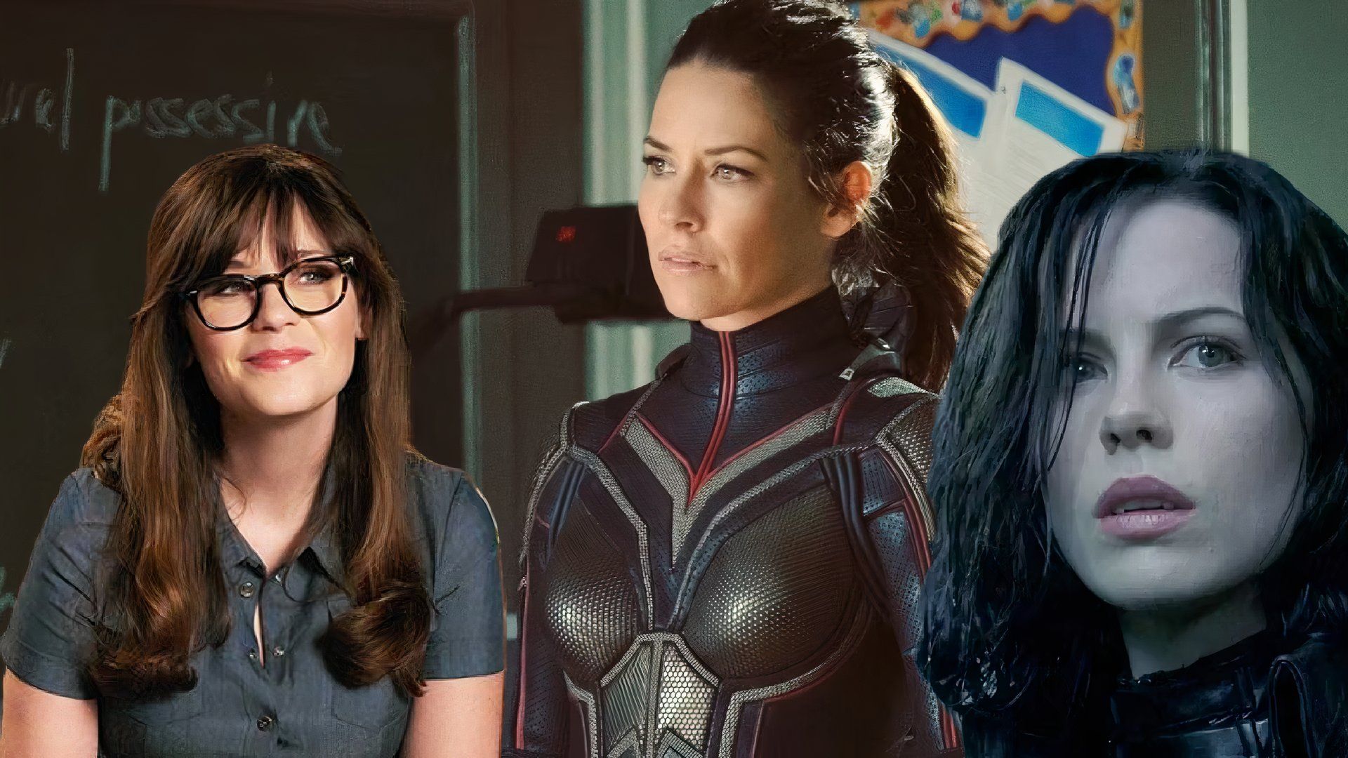 Evangeline Lilly, Zooey Deschanel and Kate Beckinsale as Wasp from the MCU