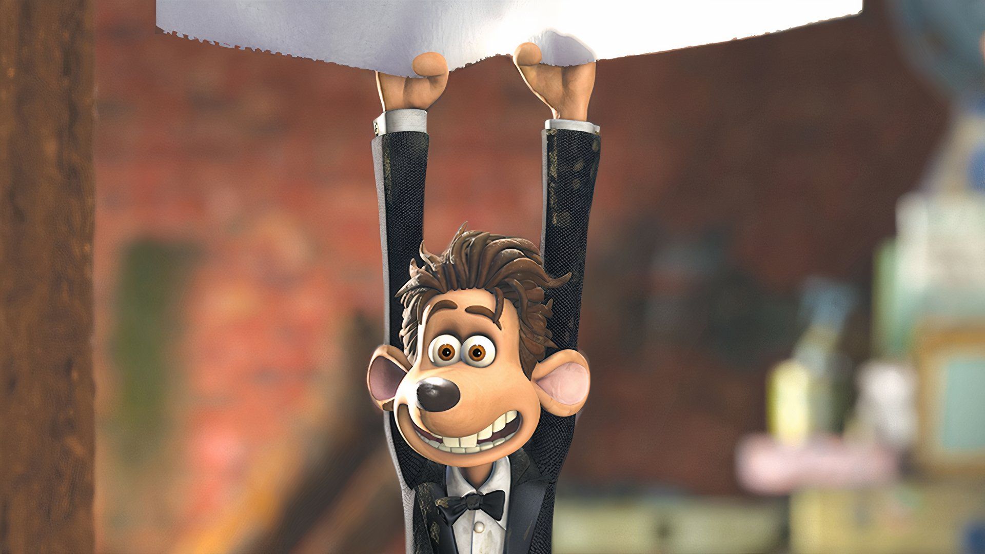 Roddy dangles from a sheet in Flushed Away